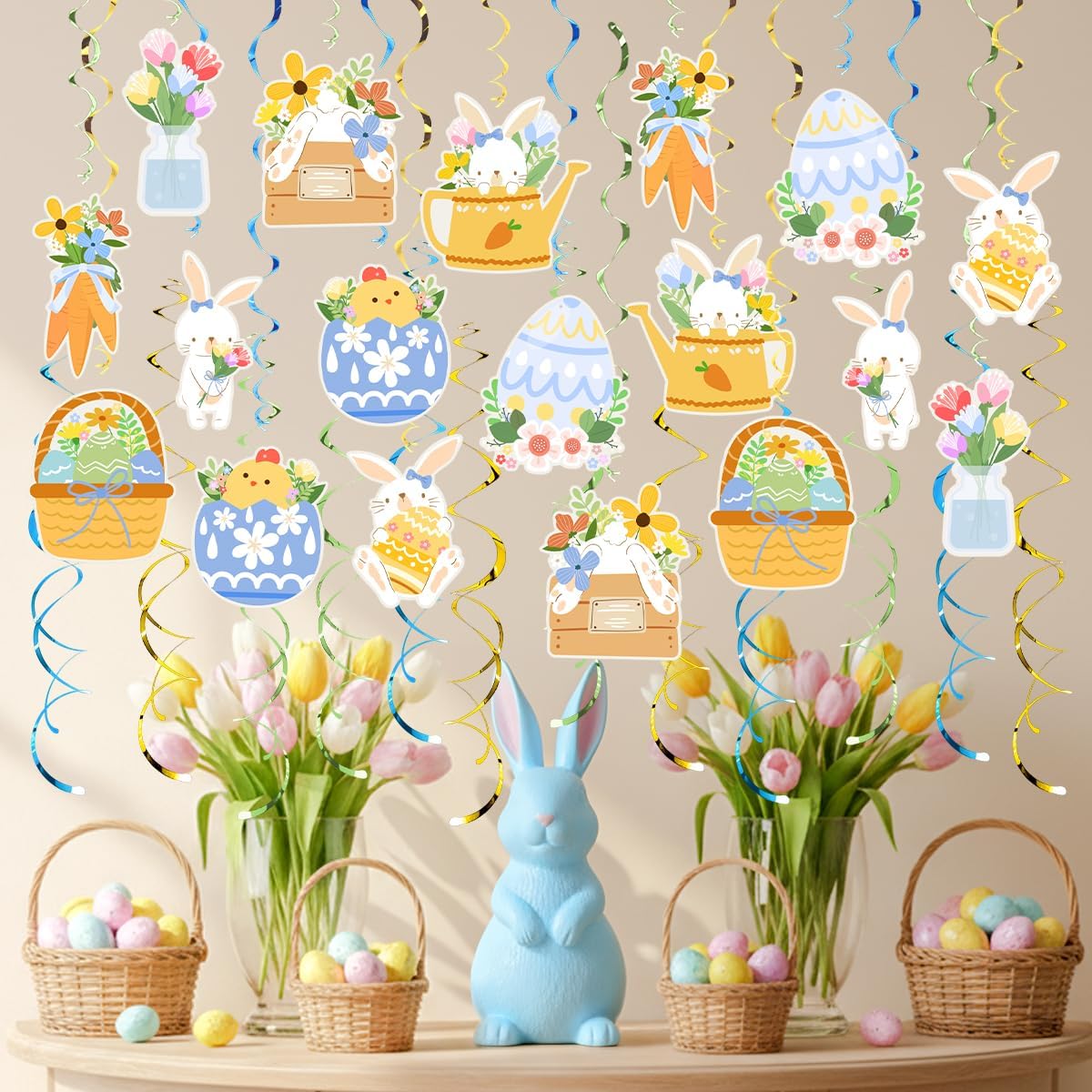 30PCS Easter Hanging Swirl Decorations Pre-Strung Easter Bunny Egg Foil Swirls Easter Ceiling Streamers Spring Decor for Home Office School Easter Party Ornaments Favors Supplies