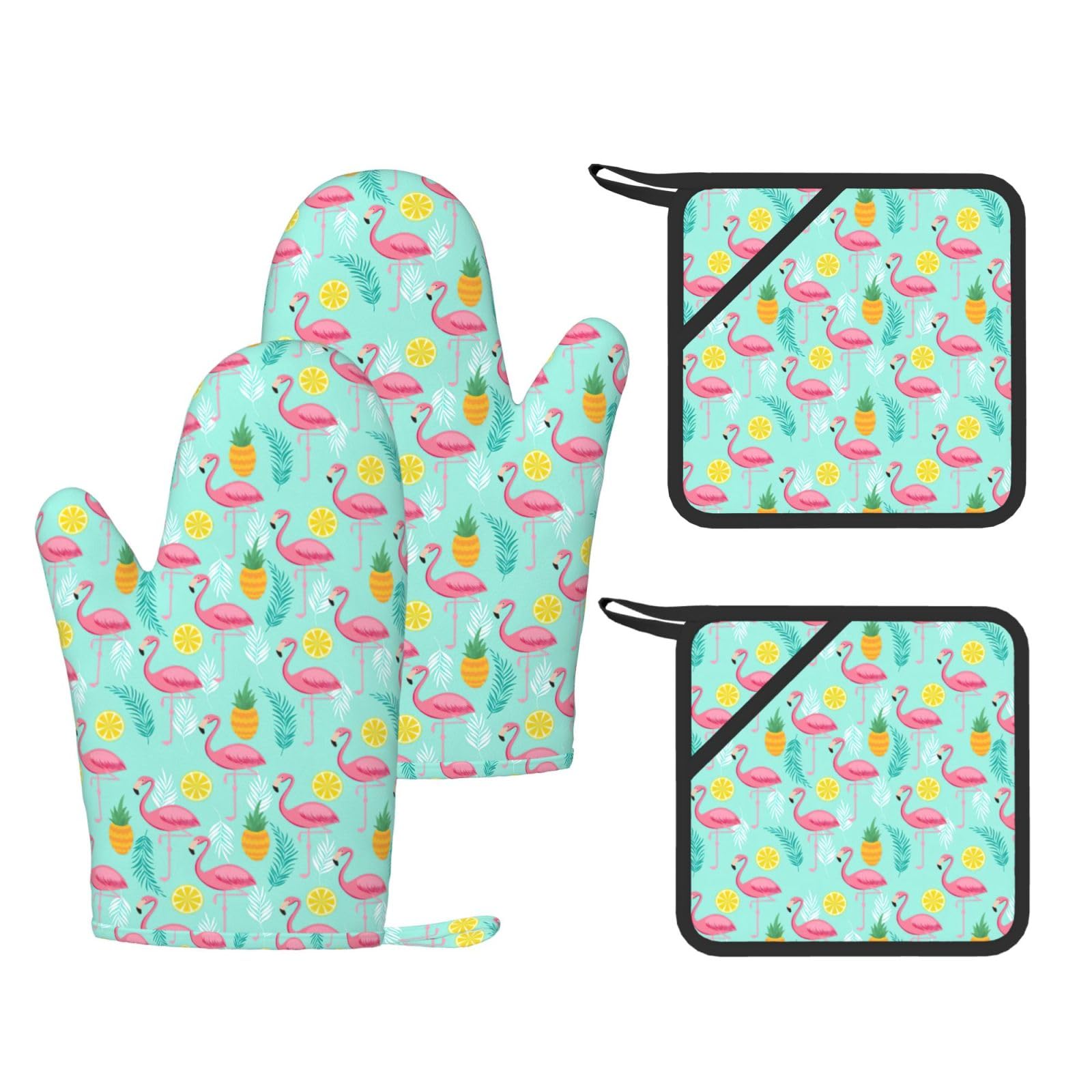 Flamingo Printed Oven Mitts and Pot Holders Set of 4, Heat Resistant Silicone Gloves for Baking Grilling