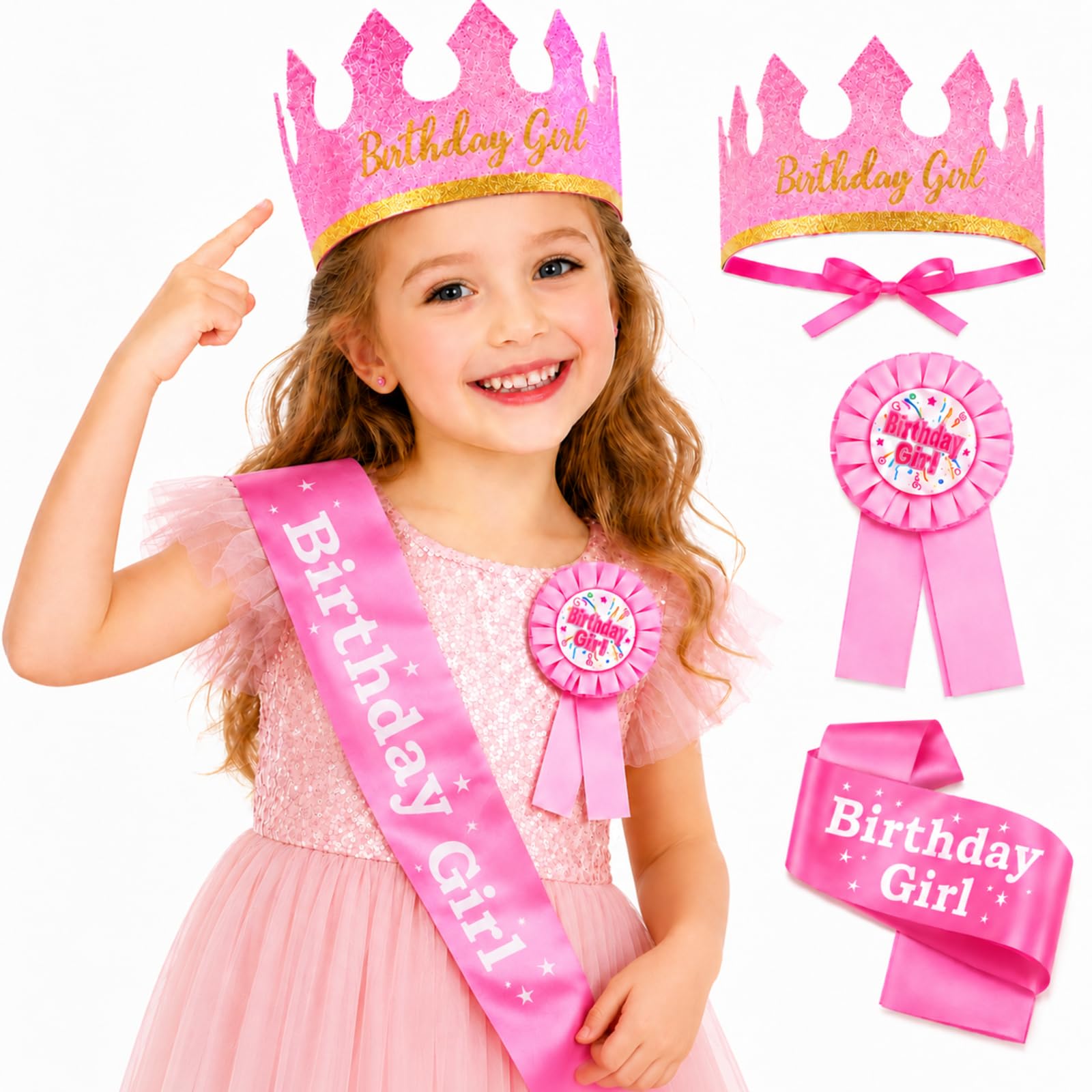 PAXQNVTR 3 Pcs Birthday Girl Accessories Set, Glitter Crown Headband, Rosette Badge and Birthday Sash, Adjustable Party Dress Up Accessories for Birthday Photos and Celebrations
