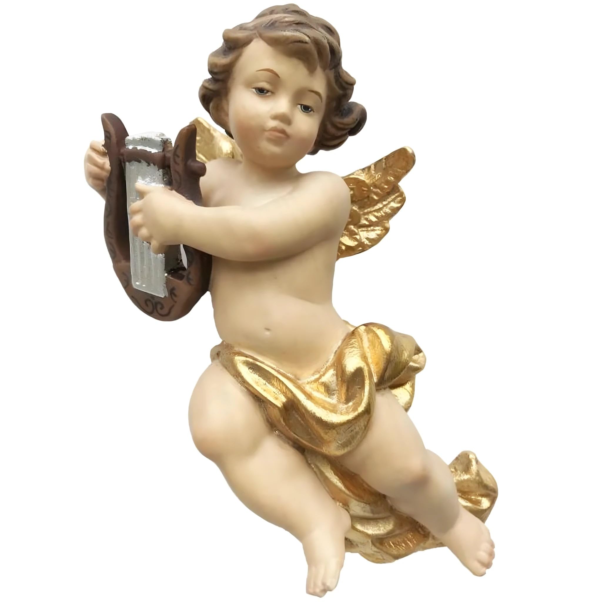 Dolfi Wooden Angel in Flight with Lyre 20 cm | Hand Painted Wood in Val Gardena | Religious Article