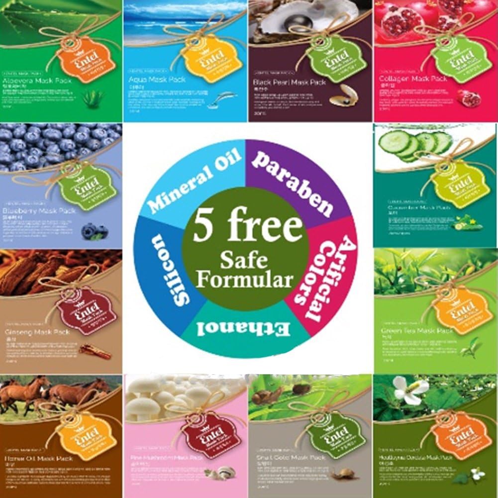 Entel Facial Mask Sheet Pack Korea Beauty Face Natural Essense Skin Care 12Pcs