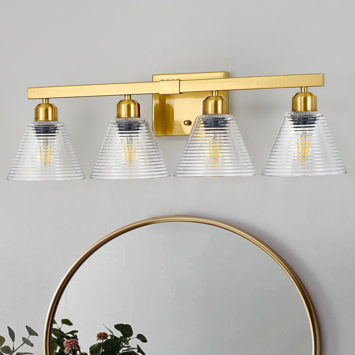 4-Light Modern Bathroom Light Fixtures, Gold Bathroom Vanity Lights with Clear Glass Shade, Farmhouse Wall Sconces for Mirror Kitchen Bedroom Living Room