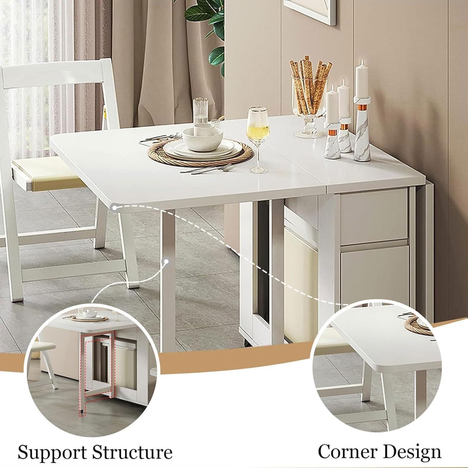HiFi Rack Audio Regal Klapptisch esstisch, Vielseitiger Klapptisch Küche, mit Rollen und 4 Stühlen, Mobiler Esszimmertisch Ausziehbar für Esszimmer, Wohnzimmer(White)