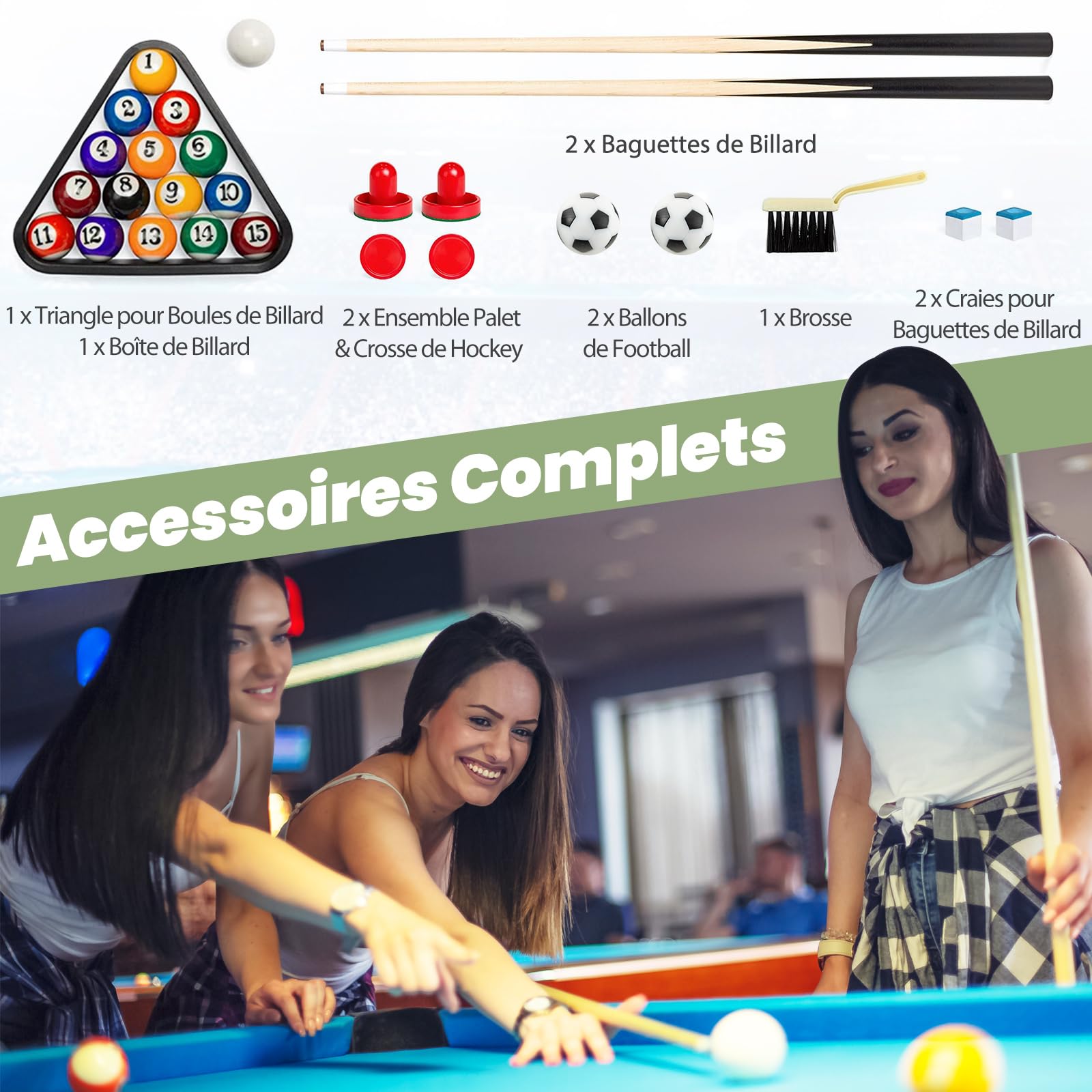COSTWAY 3 en 1 Table de Baby-Foot avec 26 Joueurs & Hockey & Billard, Table de Jeu Empilable avec Marqueur & Accessoires Riches, Patins Antidérapants, Jouet d'arcade pour Fête Bar Salle de Jeux