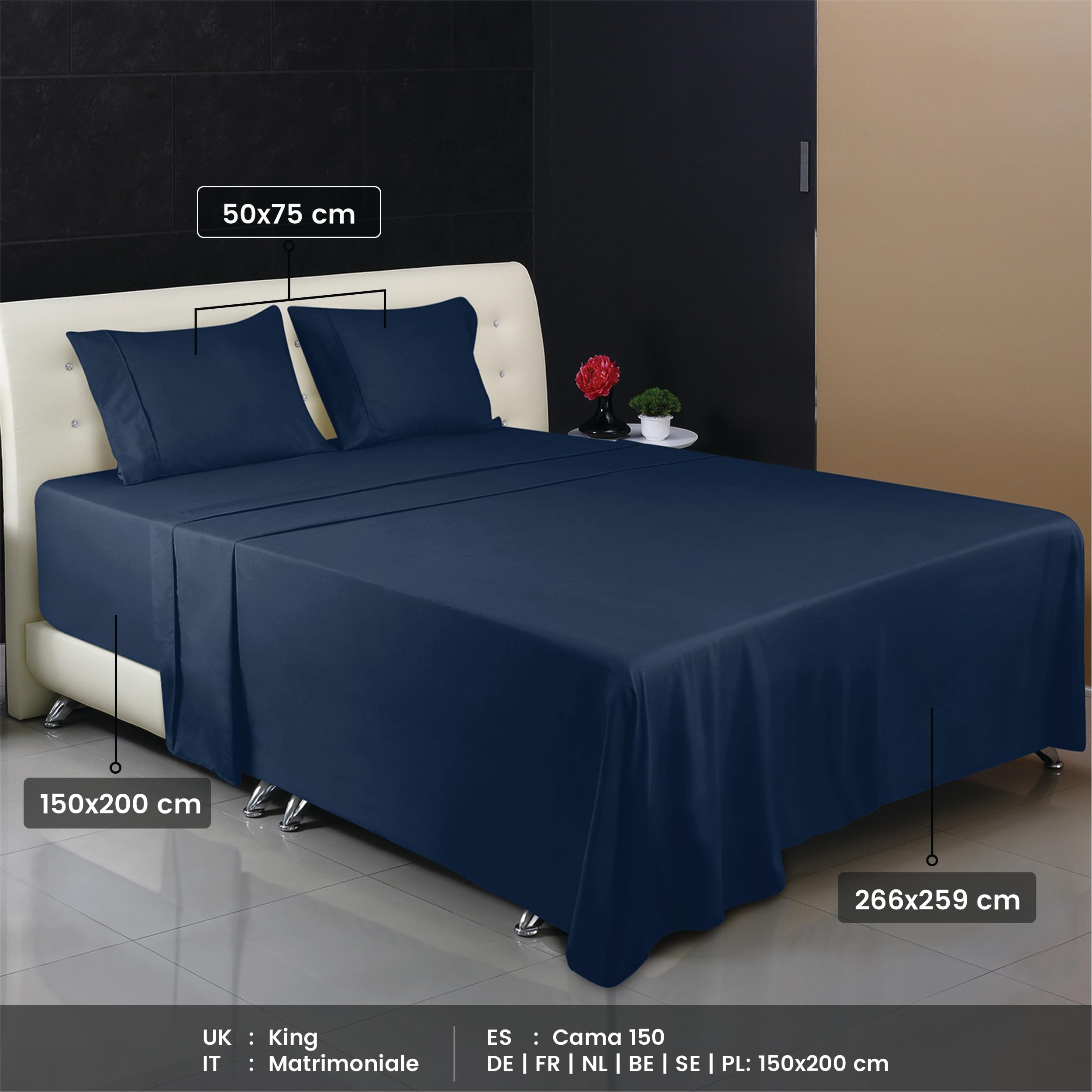 Utopia Bedding - Set Lenzuola Matrimoniali 4 Pezzi 150x200 cm - Set Lenzuola Letto, Spazzolata Poliestre di Microfibra - Lenzuolo con Angoli, Lenzuolo Piatto e 2 Federe 50x75, Blu Navy