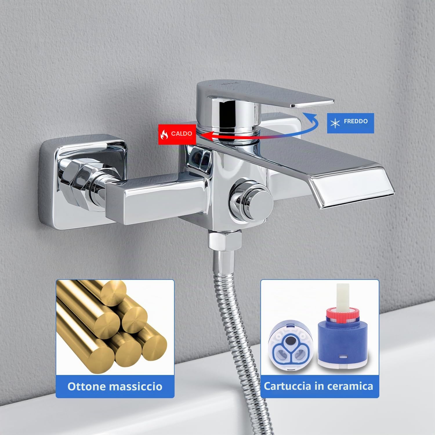 Rubinetto Vasca da Bagno, Miscelatore Vasca da Bagno a Cascata in Ottone, Rubinetto Doccia a Parete, Miscelatore Monocomando Esterno per 2 Utenze, Cromo Argento (G 1/2")