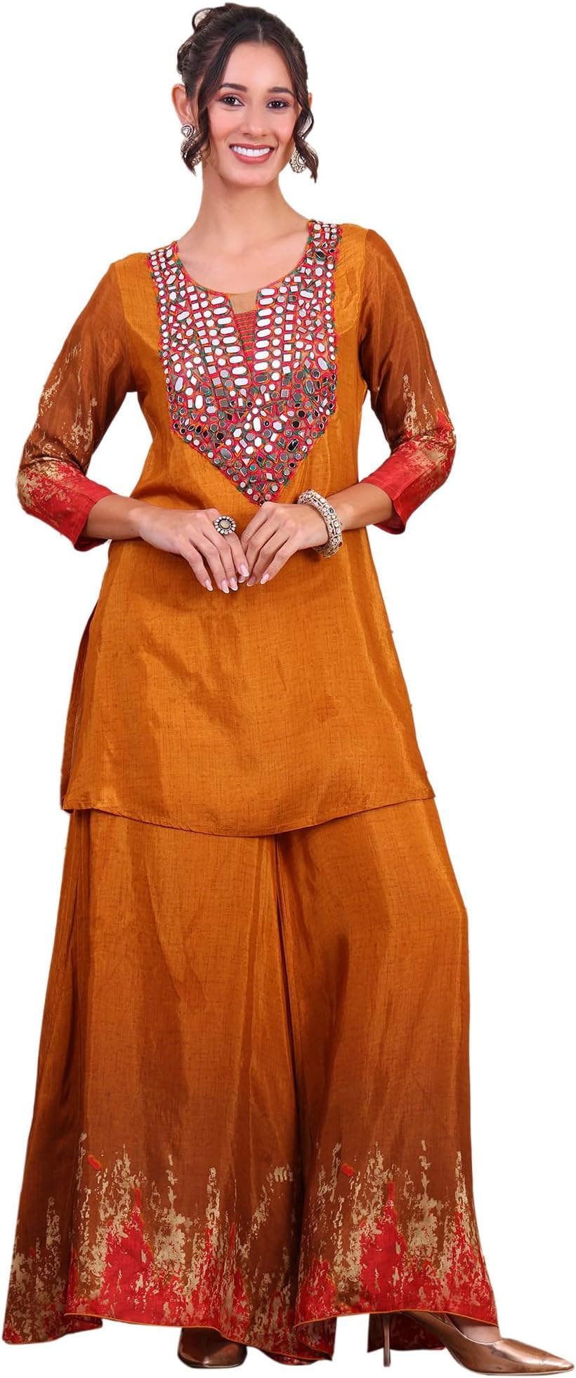 Women's Solid Pure Muslin Full Length Tunic and Palazzo|Round Neck|Cord Set for Women Fashion|Long Jumpsuits Western Dress for Women Stylish|Latest Two Piece Co ord Set|Party Casual Wear(Tan)