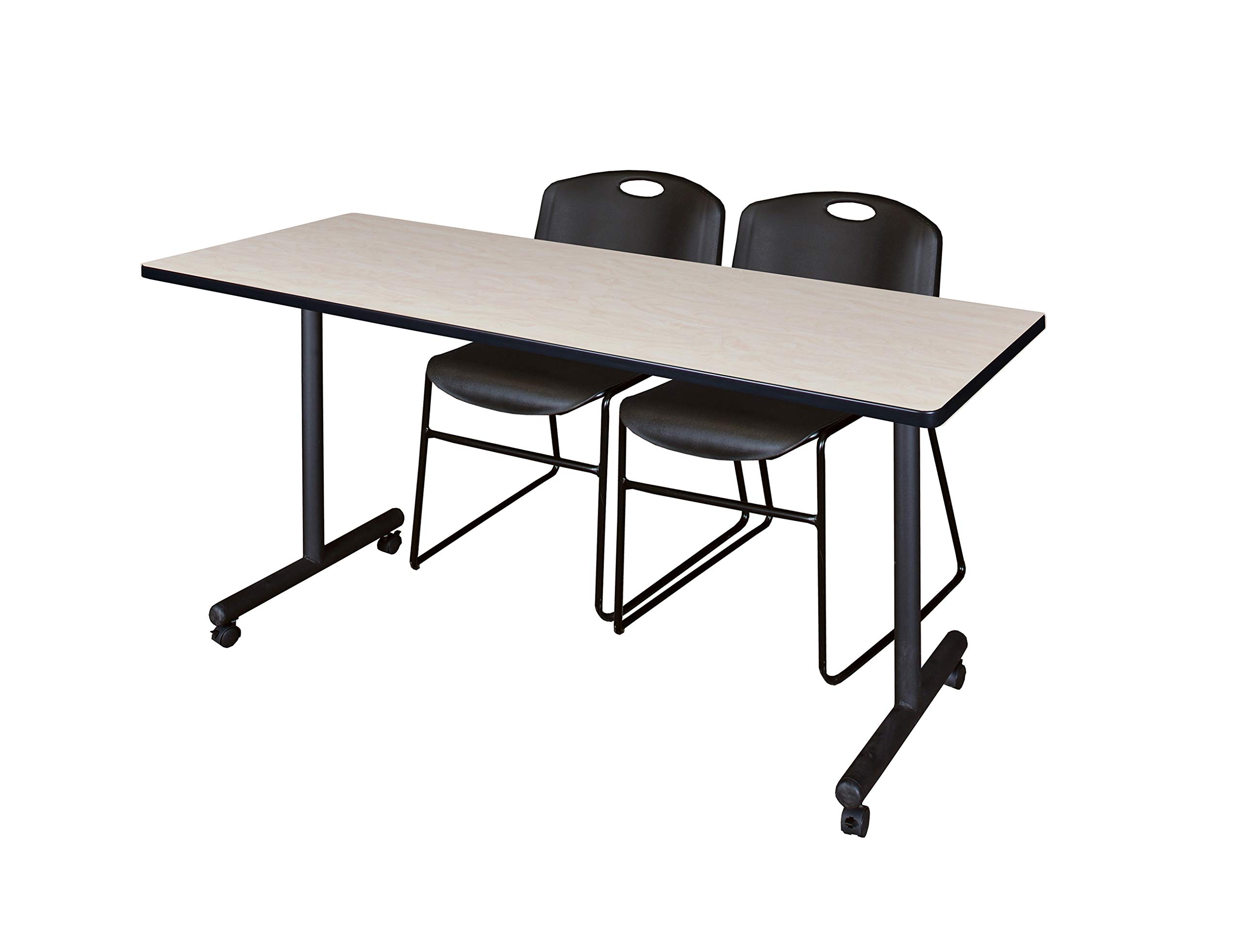 Regency Kobe 66 x 24 in. Mobile T-Base Training Table- Maple, 2 Zeng Stack Chairs- Black