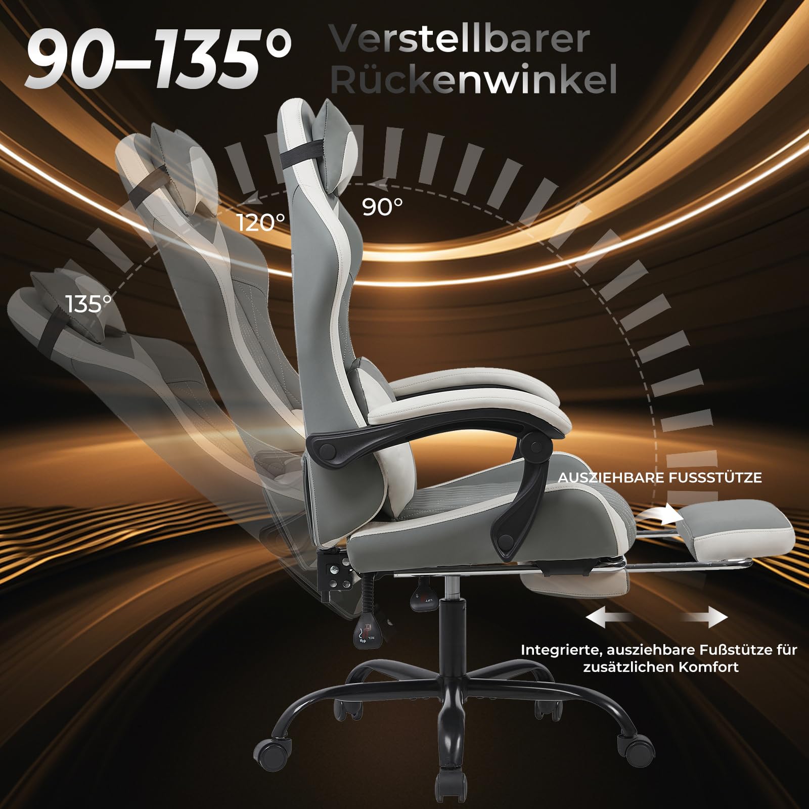 Atenza Ergonomischer Gaming Stuhl mit Fußstütze, Gaming Chair bis 136kg (Dunkelgrau-Weiß)