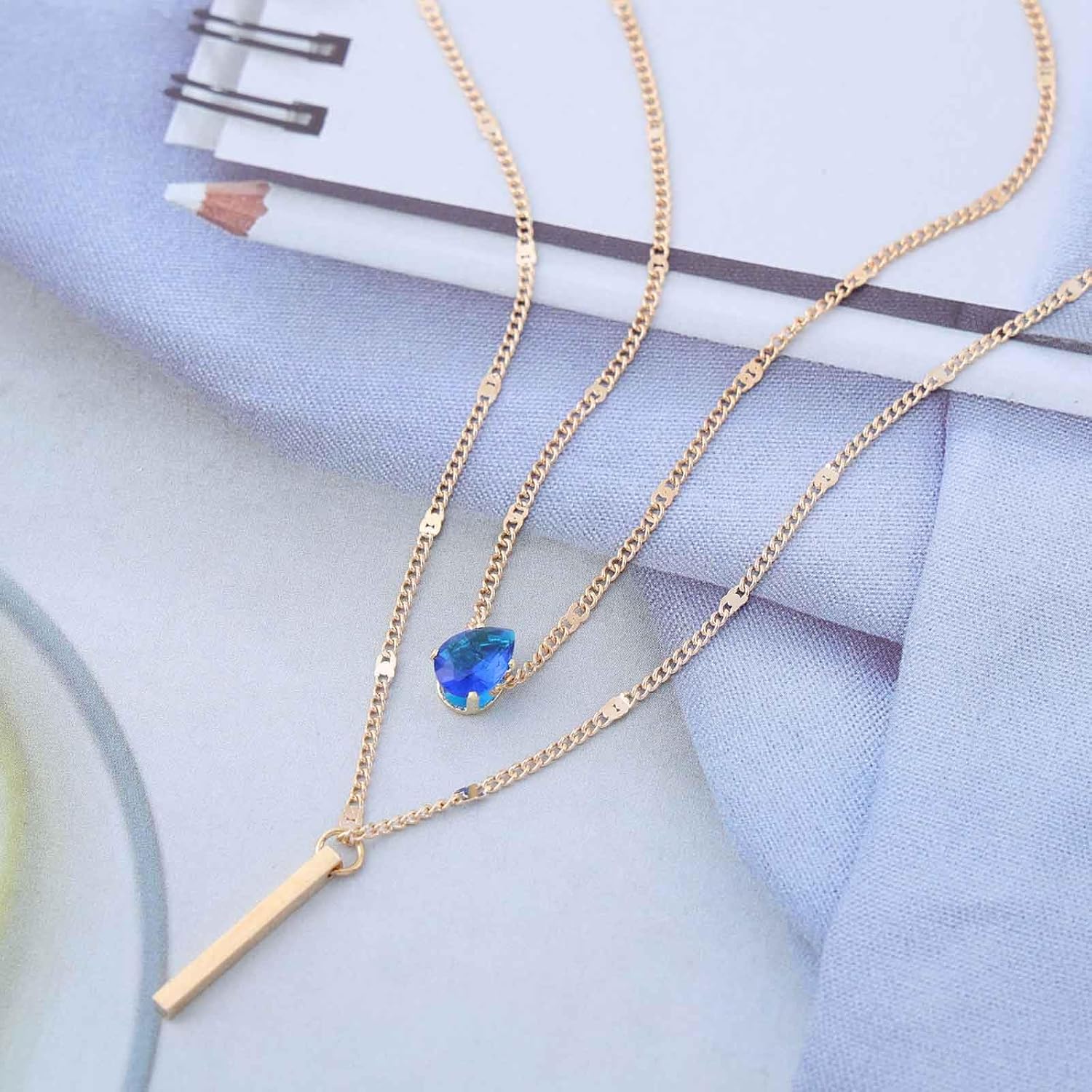 Bohemia Layered Gold Bar Necklace Green Emerald Pendant Necklace Teardrop Crystal Choker Necklace Vertical Bar Chain Necklace Cz Gemstone Necklace Jewelry for Women - Image 4