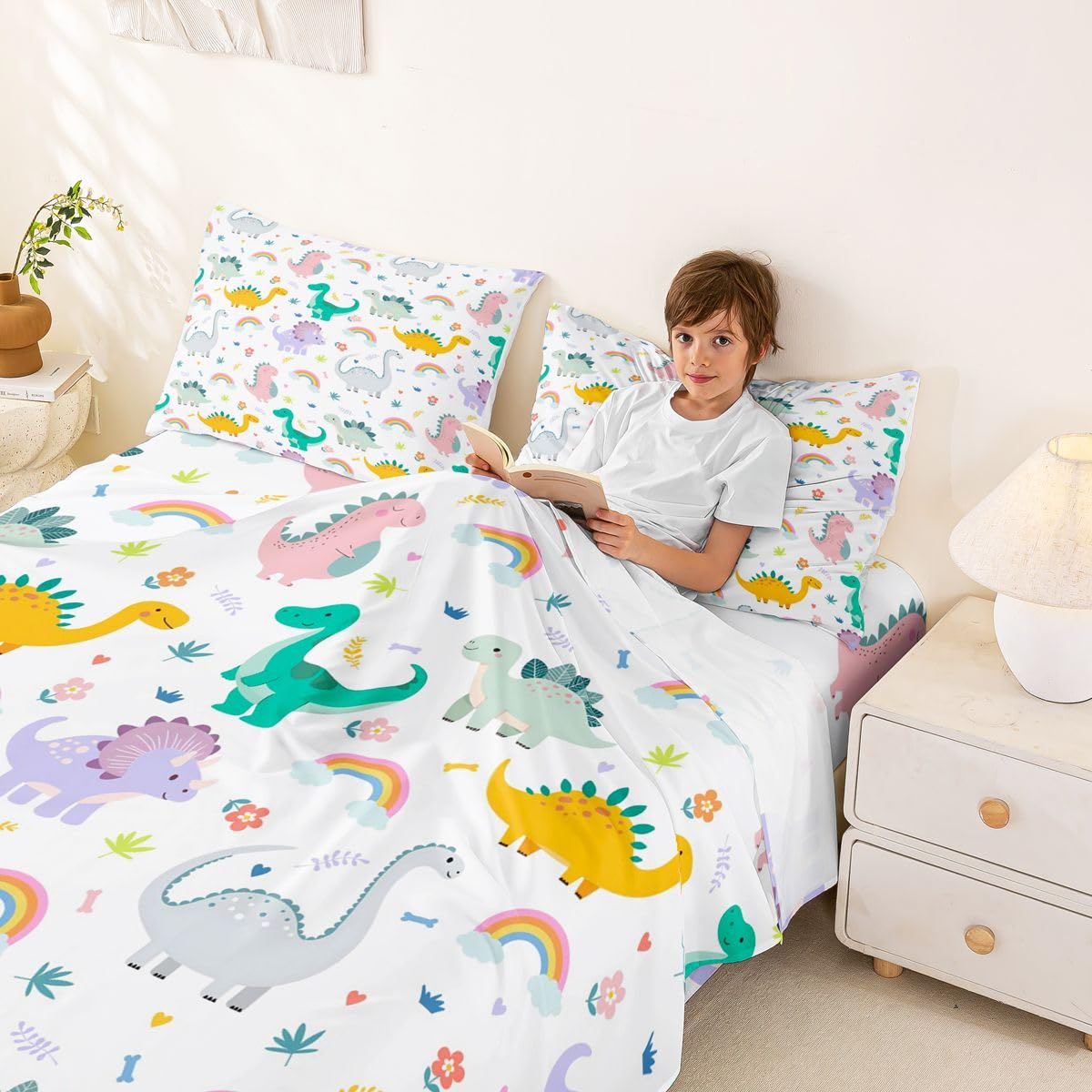 Homewish Juego de sábanas de dinosaurio verde y blanco tamaño King