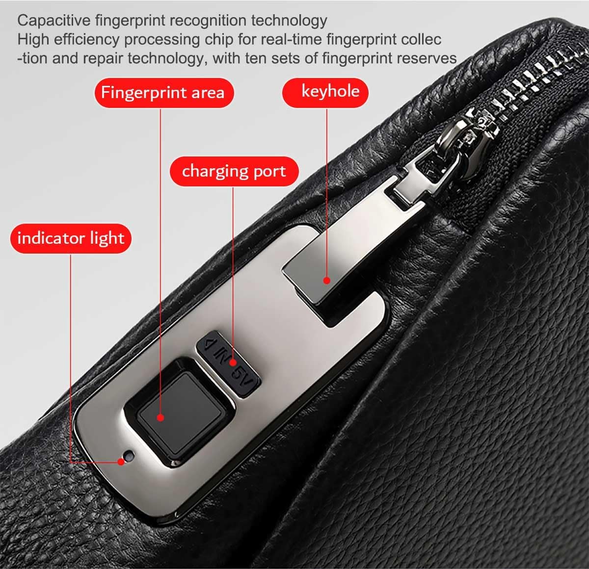 Welaso Fingerprint Lock Leather Handbag,Anti Theft Waterproof Genuine Leather Clutch Bag Wallet for Man Woman (Red)