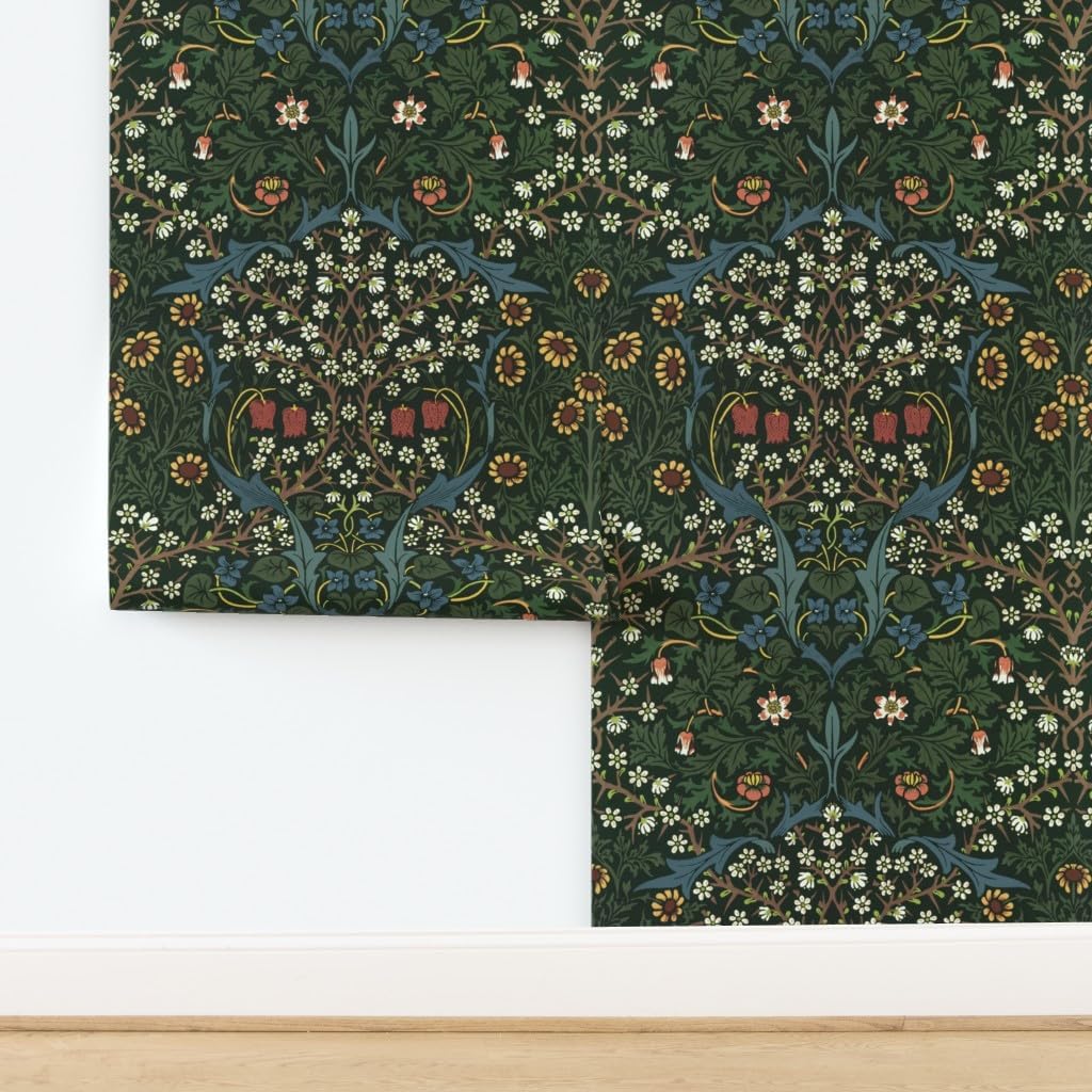 Spoonflower Peel & Stick Wallpaper 3ft x 2ft - William Morris Vintage Antique Victorian Tulips Damask Evergreen Forest Green Maximalist Folk Art Custom Removable Wallpaper