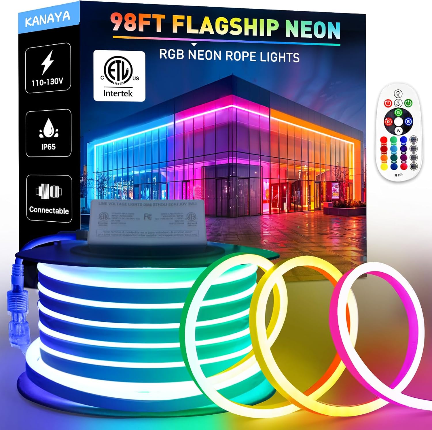 KANAYA 98ft RGB Led Neon Rope Lights ETL Listed, 110-120V Waterproof Color Changing Lighting Strip Remote Control, for Residential Commercial Outdoor Indoor Decor