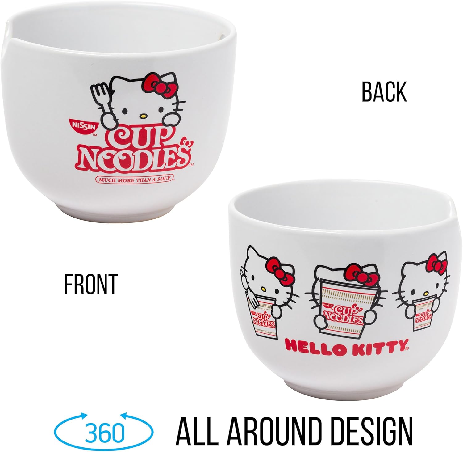 Silver Buffalo Sanrio Hello Kitty Cup Noodles Nissin Ceramic Ramen Noodle Rice Bowl with Chopsticks, Microwave Safe, 20 Ounces - Image 5