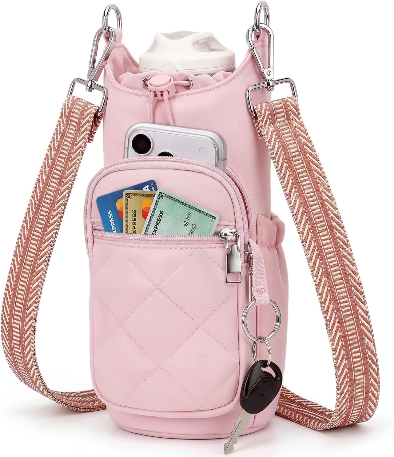 Crossbody Water Bottle Bag for Women, Lightweight Insulated Water Bottle Carrier with Phone Pocket, Secure &Hands-Free for Walking, Travel, Outdoor (Up to 40oz) Pink