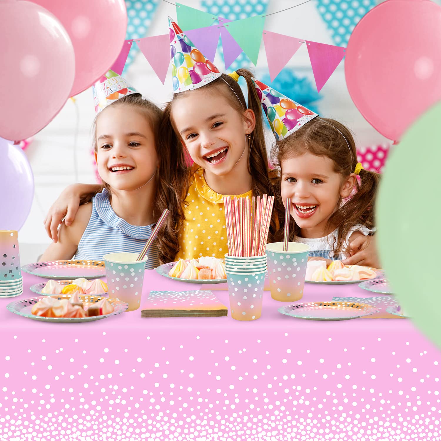 Regenbogen Partygeschirr-Set Für 25 Gäste – Inkl. Teller, Tassen, Servietten, Strohhalme, Tischdecke & Ballons