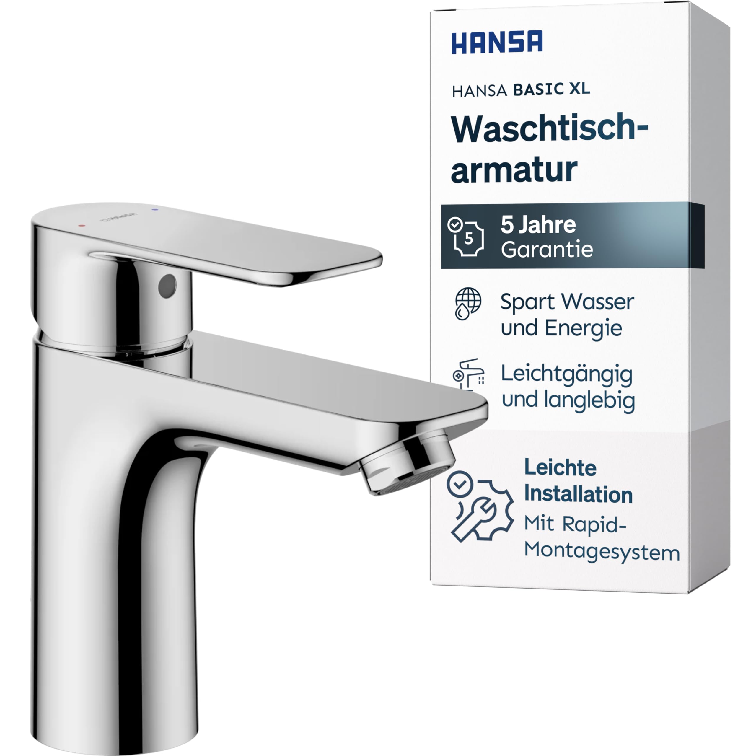 HANSA BASIC XL Waschtischarmatur I Einhebelmischer Waschbecken mit Temperatur & Mengenbegrenzer | XL für mittelgroße bis große Bäder | Mischbatterie Bad aus Messing | Wasserhahn Badezimmer | Chrom