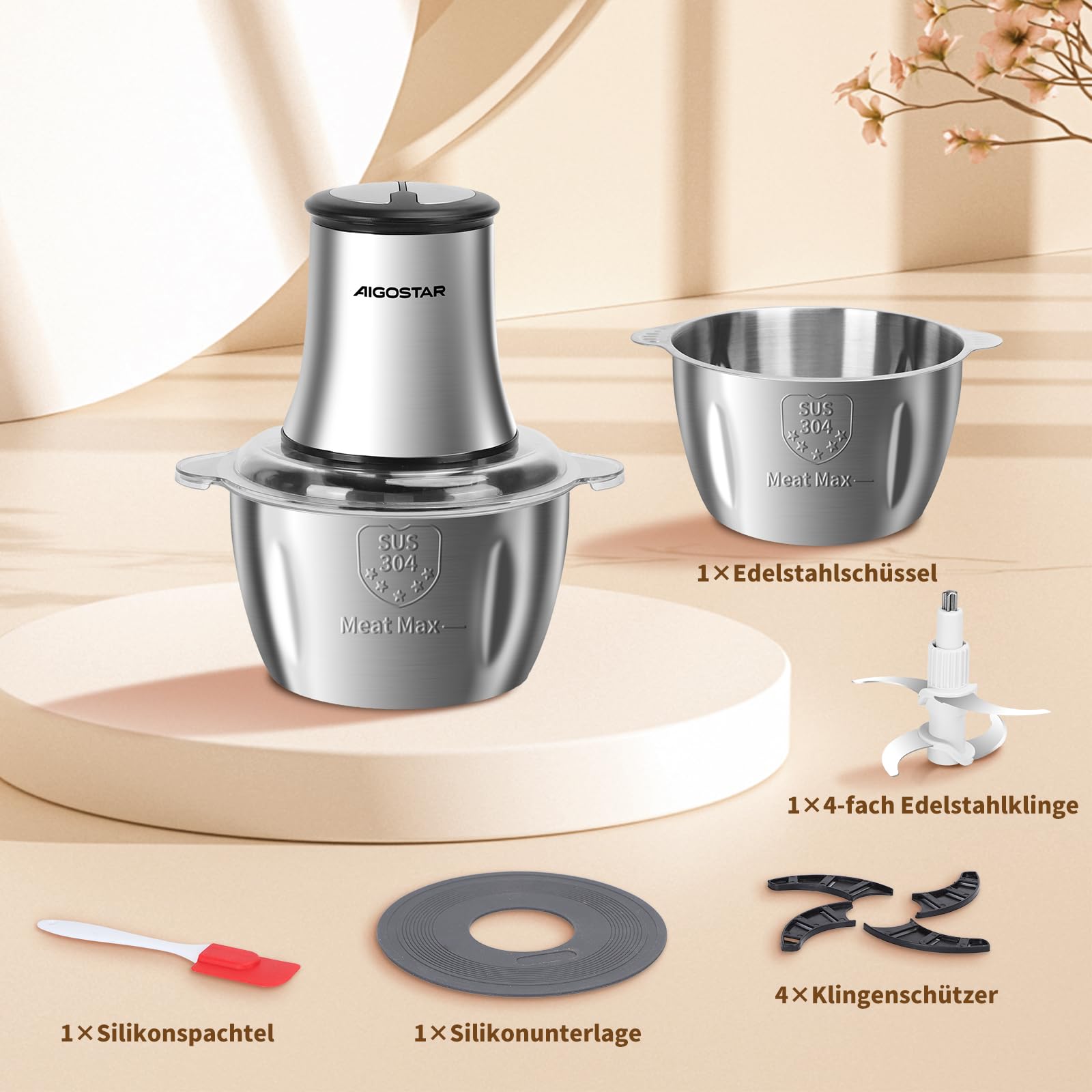 Aigostar Flor Zerkleinerer küche elektrisch 500W, Multizerkleinerer elektrisch mit 1.8L Edelstahl-Schüssel, 4 Edelstahlklingen, 2 Geschwindigkeiten für Fleisch, Gemüse, Nüsse