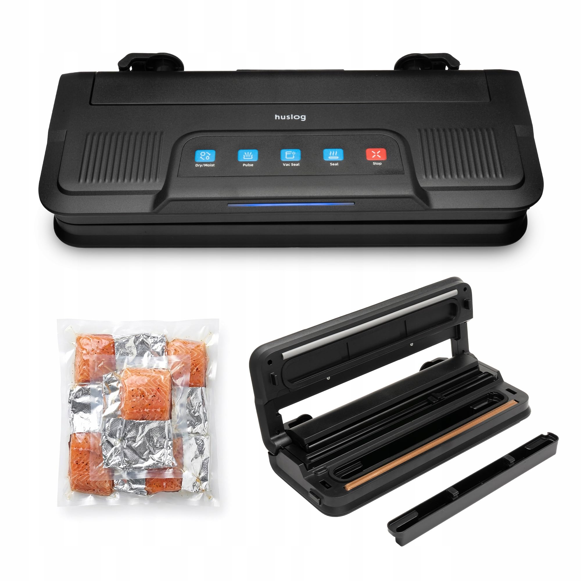 Envasadora al Vacío 110W con Dispensador y Cortador de Bolsas, Sellado Doble 32 cm, -65 kPa, 6 Modos Dry/Moist/Thick/Pulse/Seal/Pump, Pantalla LED, para Bolsas y Rollos, Apta para Sous Vide