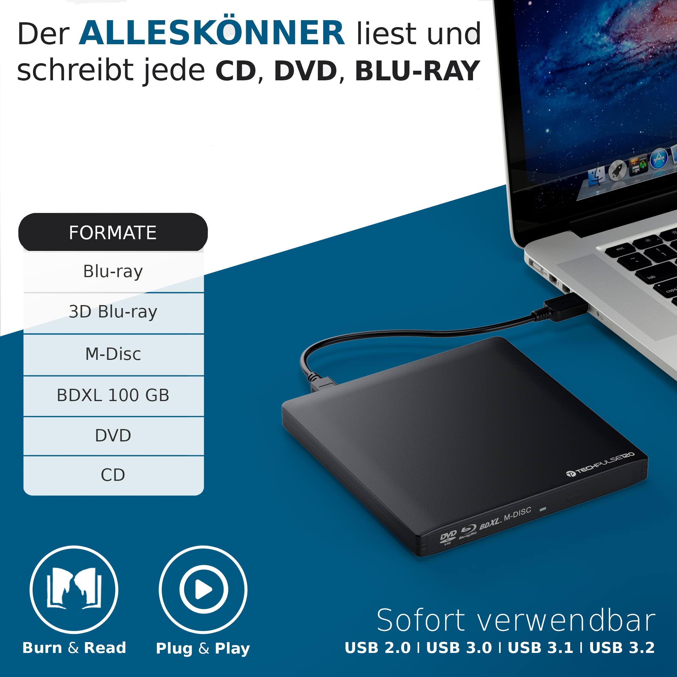 techPulse120 USB 3.0 Typ-C externer Blu-ray Brenner 3D M-Disc BDXL 100GB Burner Superdrive Blueray Laufwerk BD DVD CD Slim für Computer Notebook Ultrabook Windows MacOS Apple iMac MacBook Alu Schwarz