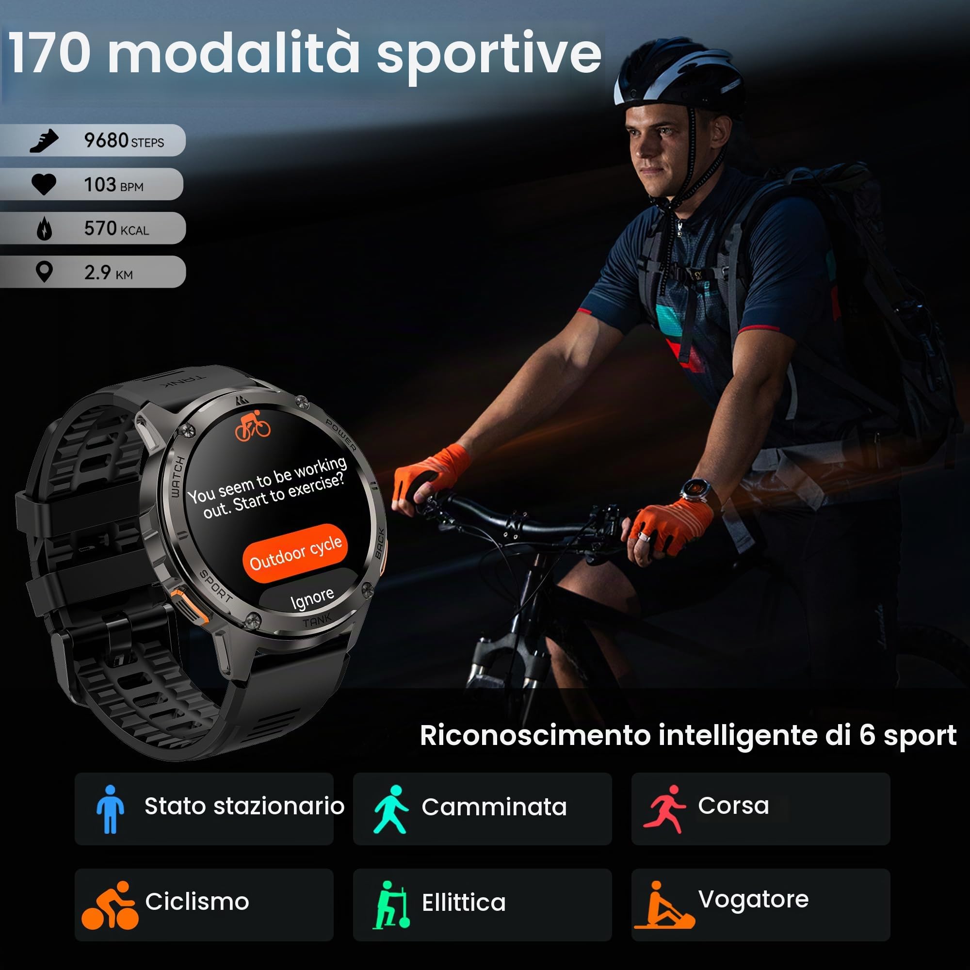 KOSPET TANK T3 Smartwatch，Impermeabile 5ATM & IP69K, Batteria Extra Large | Corpo in Acciaio Completo, Monitoraggio Frequenza Cardiaca e SpO2, 170+Modalità Sportiva, Compatibile Android & iPhone Nero