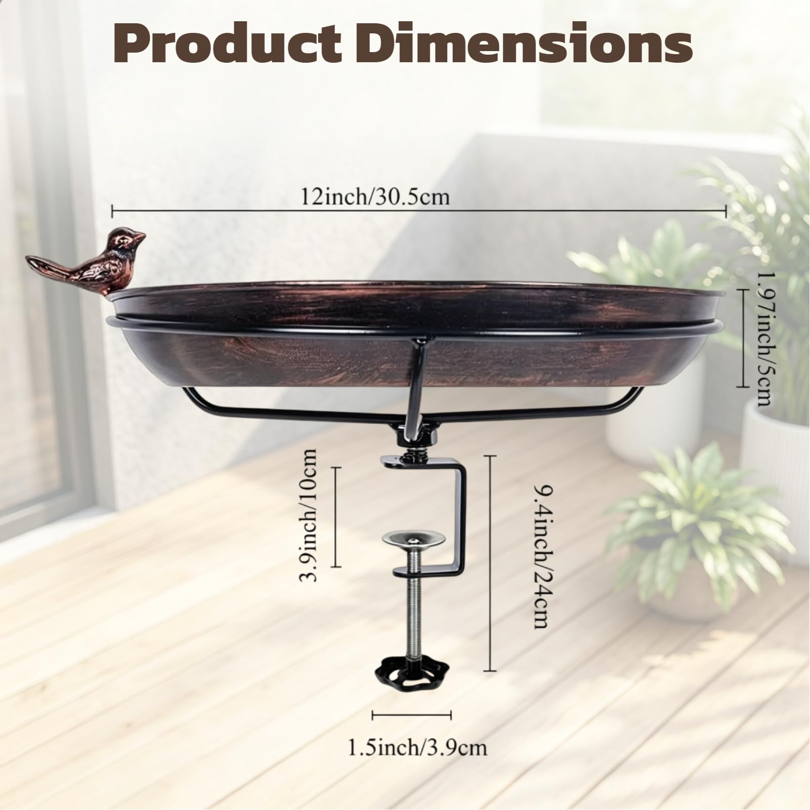 Bain Oiseaux Exterieur – Rond, en Fer avec revêtement Anti-Rouille, Support réglable sans perçage, Convient pour Balcon, Jardin et terrasse, Ø 30,5 cm, Profondeur 5 cm (Marron foncé)