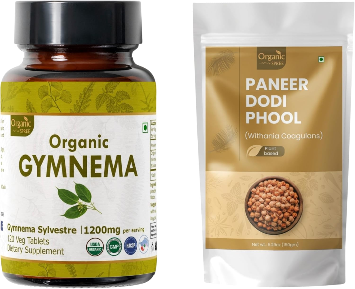 ORGANIC SPREE Gymnema & Paneer DODI Phool – USDA Organic Gymnema Sylvestre 120 Tablets & Withania Coagulans 150g – Supports Metabolic Wellness*