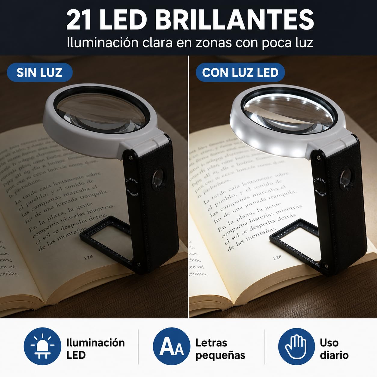 Lupa con Luz 10X 30X y 21 LED – Lupa de Gran Aumento para Personas Mayores, Lectura, Joyería, Monedas y Manualidades.