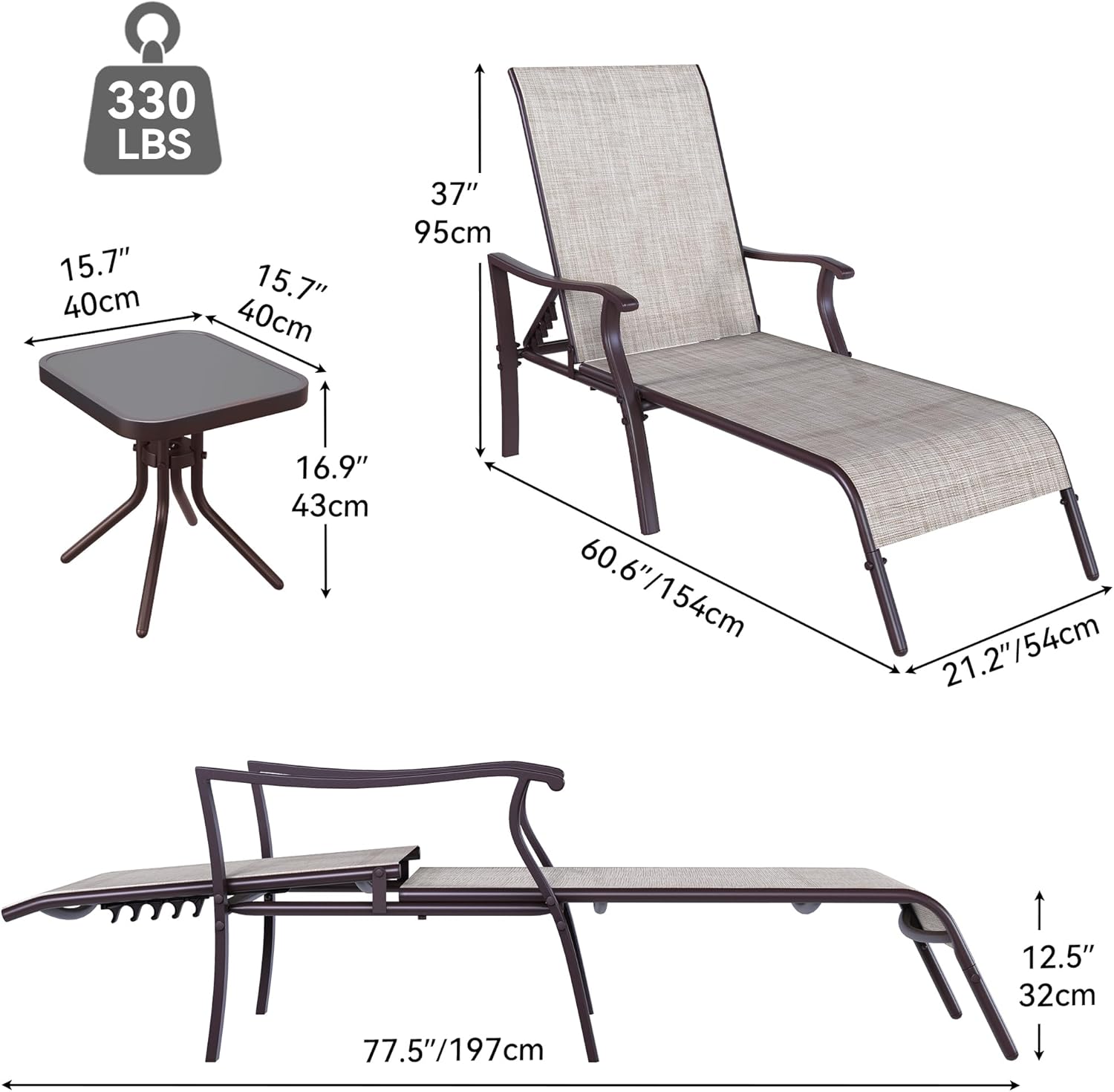 YITAHOME Pool Lounge Chair Set of 3, 2 Pieces Chaise Lounges Outdoor with Side Table, Patio Lounger w/5-Position Adjustable Backrest, Armrests, Weather Resistant & Easy to Assemble- Beige
