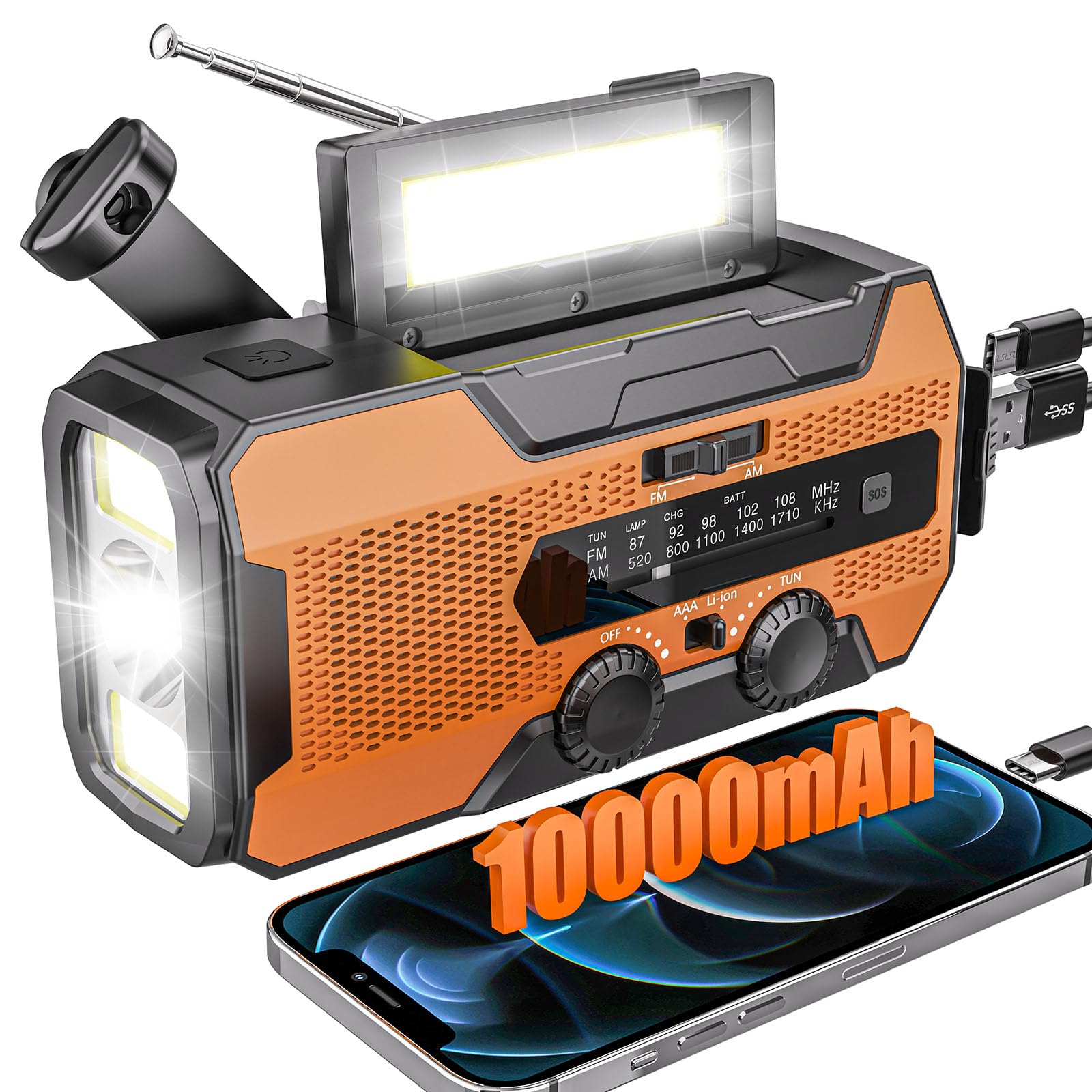 SOLARBABY A1 Radio a manovella, Radio Solare Portatile con 10000mAh Powerbank, AM/FM Radio di Emergenza Solare con Torcia Luce di Lettura Allarme SOS USB per Emergenze Blackout Campeggio, Arancione