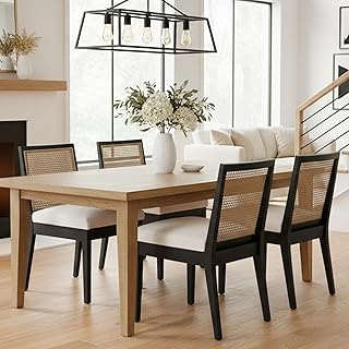 HNY Farmhouse Rattan Dining Chairs Set of 4, Mid Century Modern Kitchen & Dining Room Chairs, Cane Upholstered Kitchen Side Chair with Black Hardwood Frame, Beige
