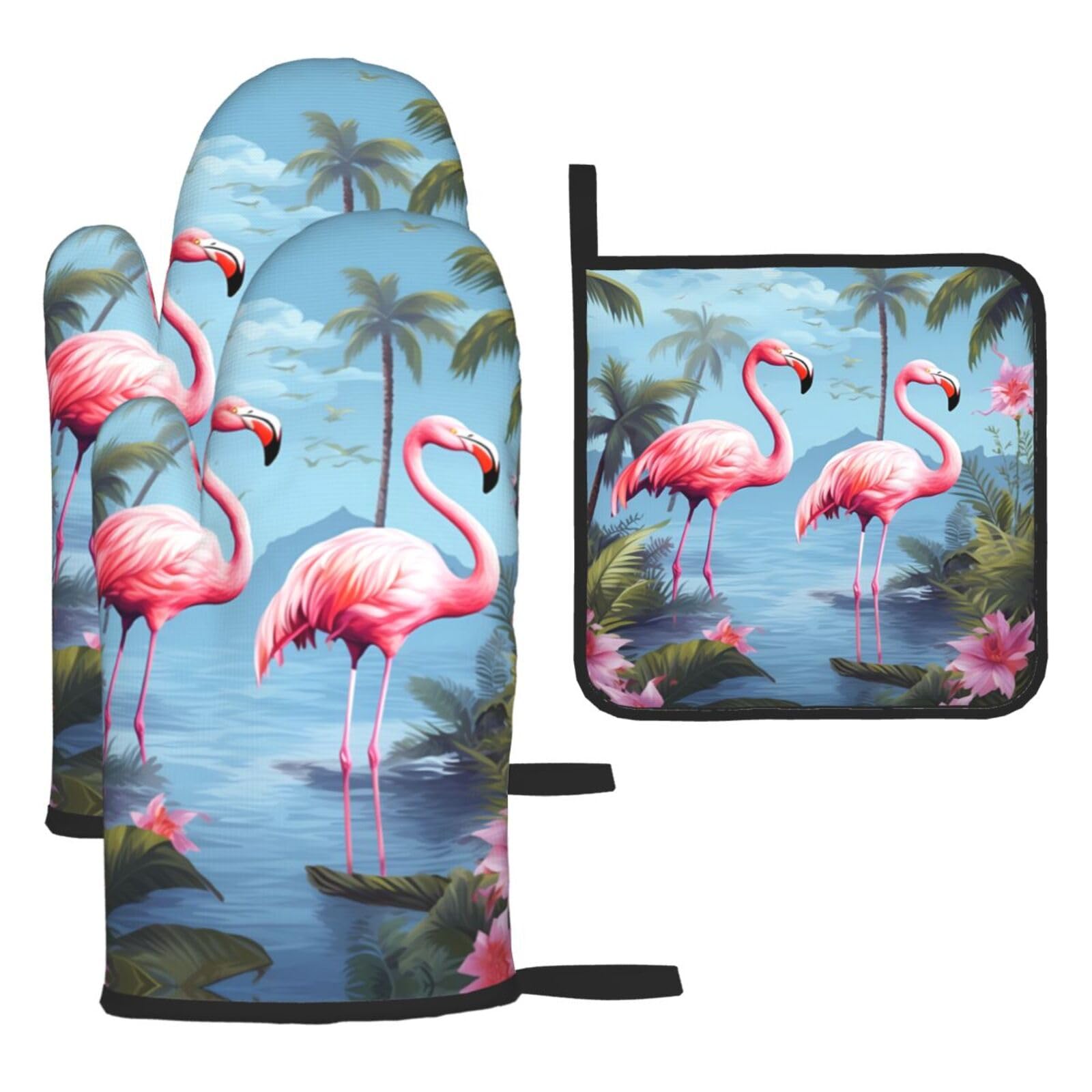 3 Piece Oven Mitts and Pot Holders Set Heat Resistant Oven Gloves and Potholders BBQ Gloves Hot Pads Tropical Flamingos Cooking Gloves for Kitchen Baking Grilling