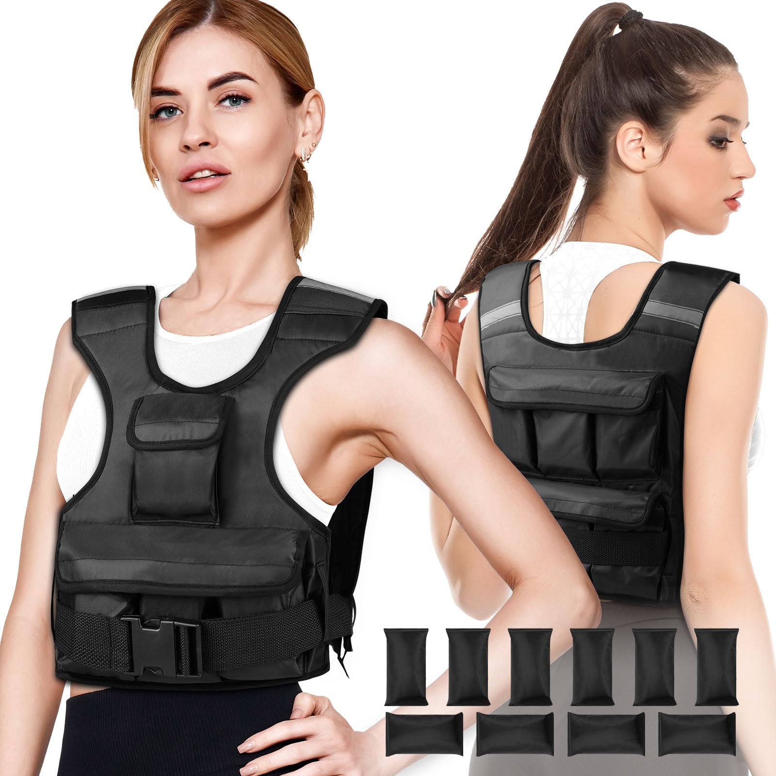 Adjustable Weighted Vest for Women, Customizable 0-18 lbs Strength Training Vest with 10 Removable Sandbag, Breathable Design, Reflective Safety