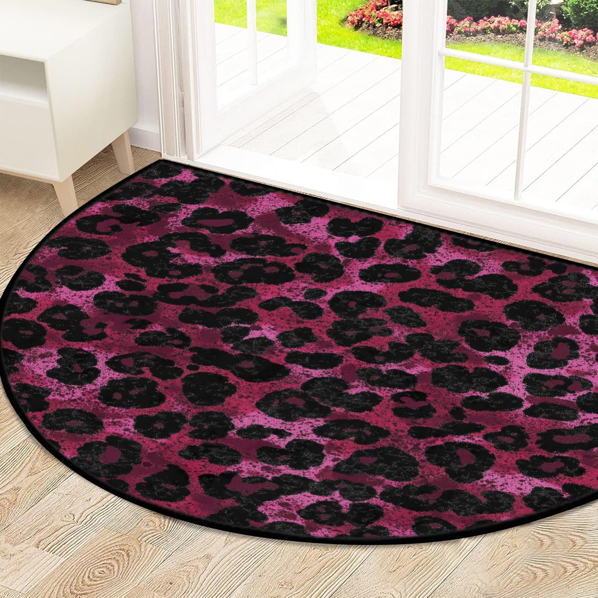 Mexpekil Paillasson demi-lune imprimé léopard rose foncé pour intérieur et extérieur - Demi cercle - Absorbant la saleté - 100 x 160 cm