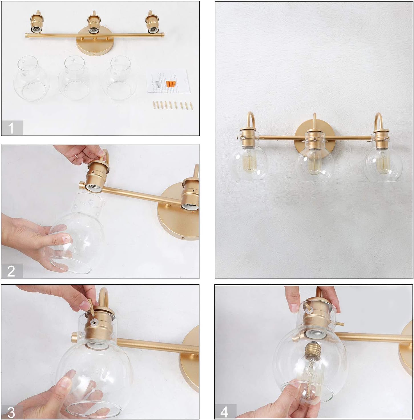 KSANA Gold Bathroom Vanity Light Fixtures with Clear Glass Shade, 22”x7”x9 - - 