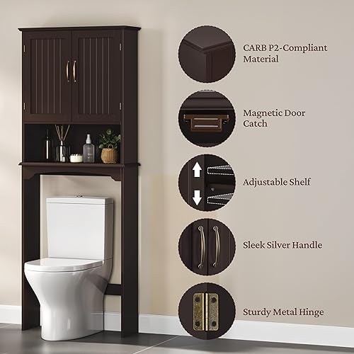 Miniatura 5 de Yaheetech Almacenamiento sobre el inodoro con 2 puertas y estante ajustable, estante de inodoro independiente de madera que ahorra espacio, gabinete