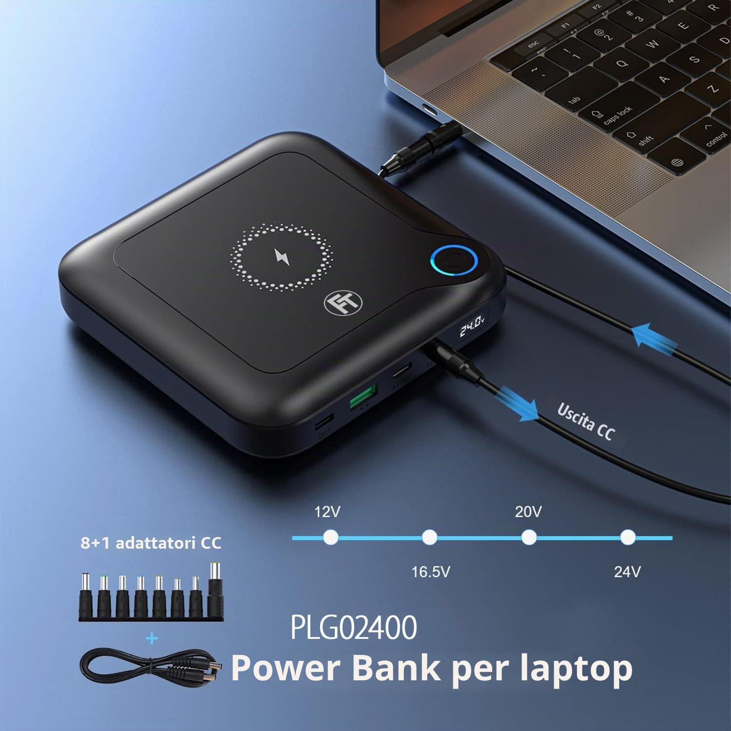 FeinTech PLG02400 - Powerbank 60 W PD USB-C e DC per notebook, MacBook, iPad, tablet, smartphone, fotocamera, Nintendo Switch, 10 W Wireless Charging, 88 Wh, 24000 mAh, 122 x 122 x 28 mm