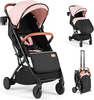 BABYJOY Lightweight Compact Travel Stroller for Toddlers - One-Hand Fold, Adjustable Backrest, Canopy, Cup Holder, Footmuff, Pink