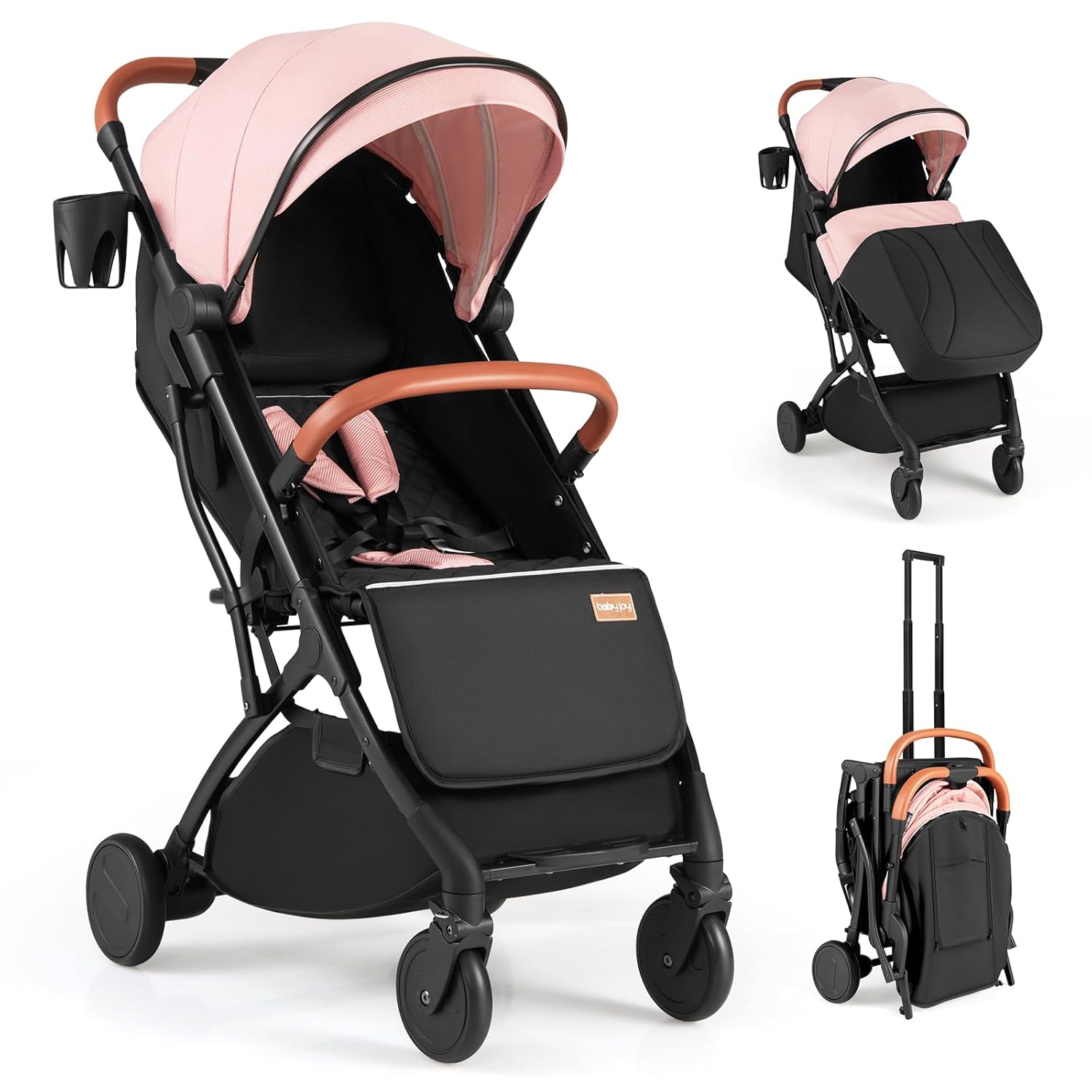 BABYJOY Lightweight Compact Travel Stroller for Toddlers - One-Hand Fold, Adjustable Backrest, Canopy, Cup Holder, Footmuff, Pink