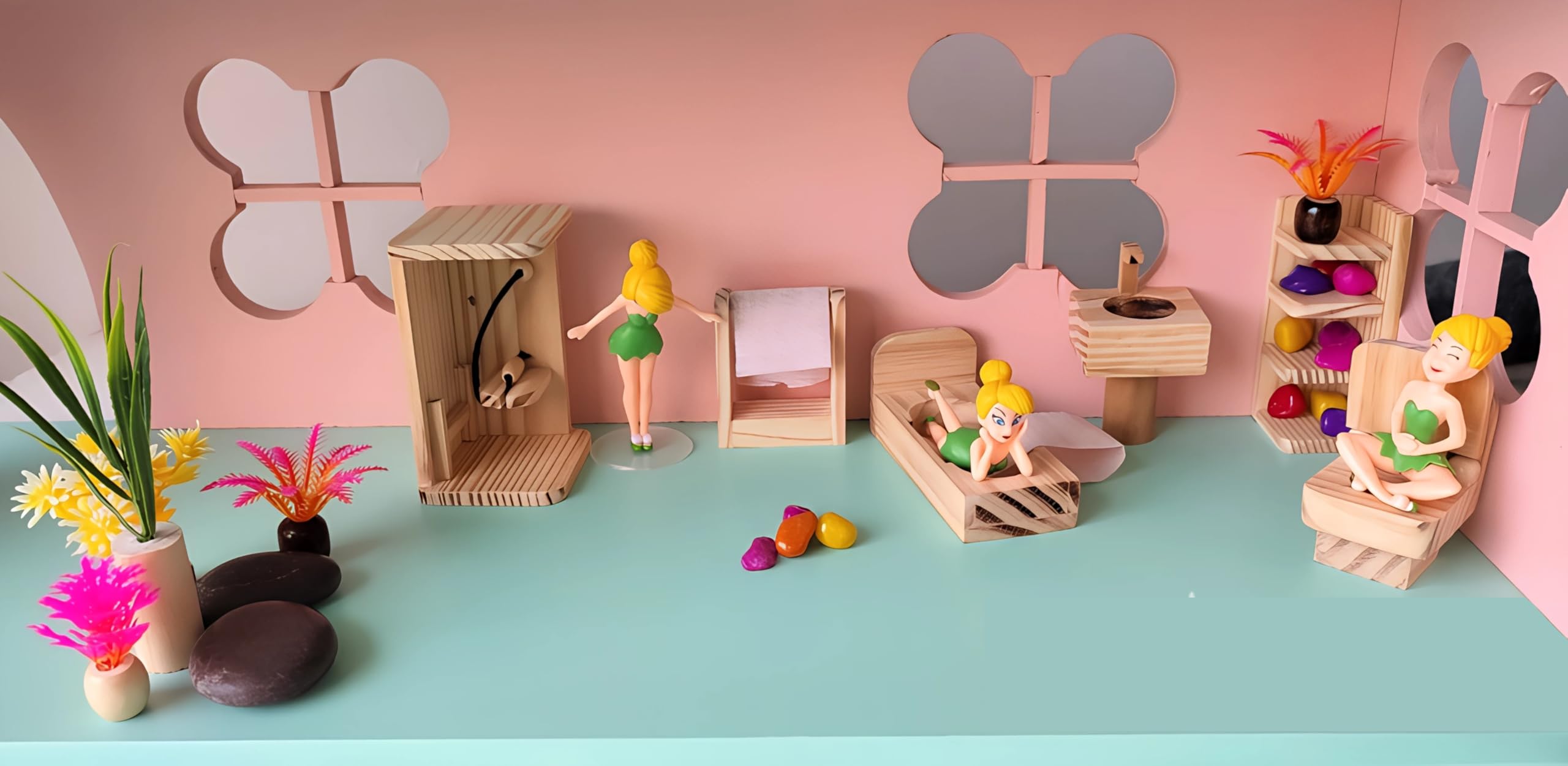 TinyMinyWorld Dollhouse Accessories Doll House Furniture Set (Wooden): Drawing Room - Kitchen - Bedroom - Toilet (Bath Room Extended) 1