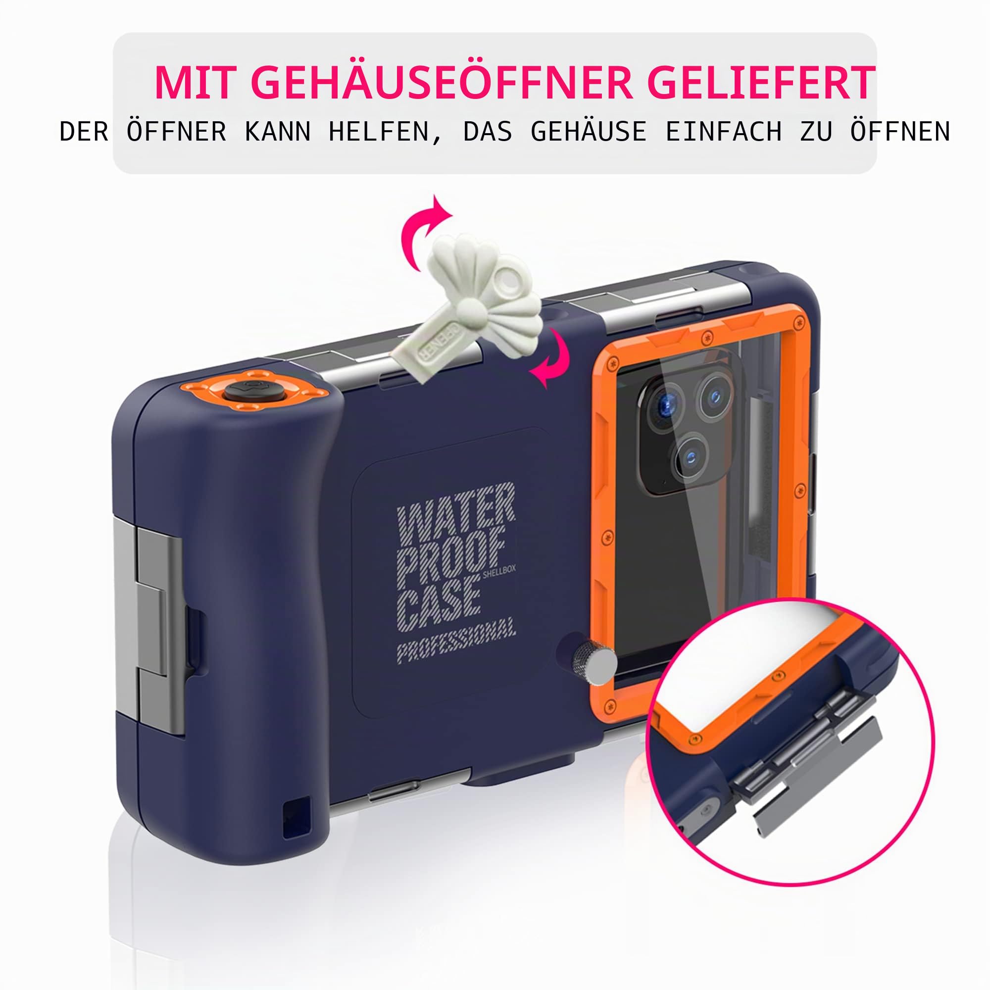 Shellbox Case 2. Generation [15 m/50 ft] Tauch-Schnorchel-Hülle für alle Samsung-iPhone-Serien, IP68-zertifiziert, wasserdichte Handyhülle, Foto-Video, Schwimmen, Schnorcheln (blau-orange)