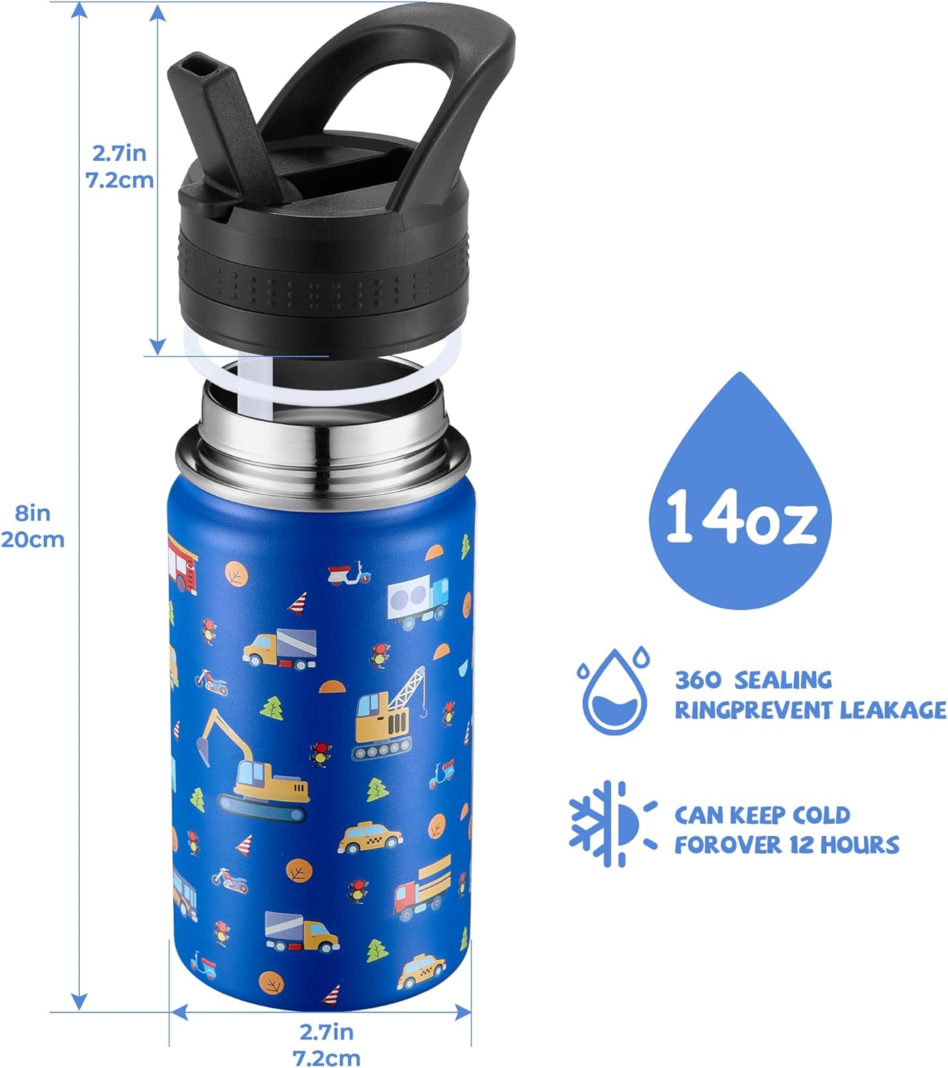 14 Oz Kids Water Bottle, Stainless Steel Water Bottle with Straws, Leak-Proof, BPA-Free, Insulated Water Bottles for School Boys & Girls|Blue Car - Image 3