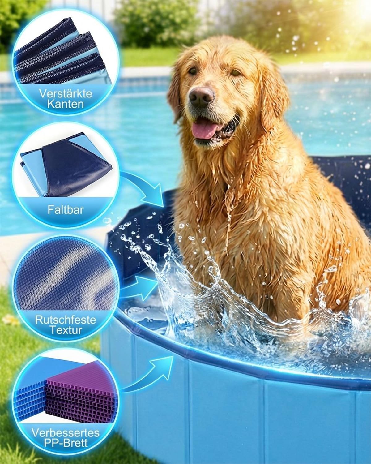 Hundepool für Große Hunde, Faltbarer Pool, Robustes Schwimmbecken mit Rutschfestem Boden, Planschbecken für Haustiere & Kinder, Langlebige Badewanne für Garten und Sommer (120 x 30 cm)