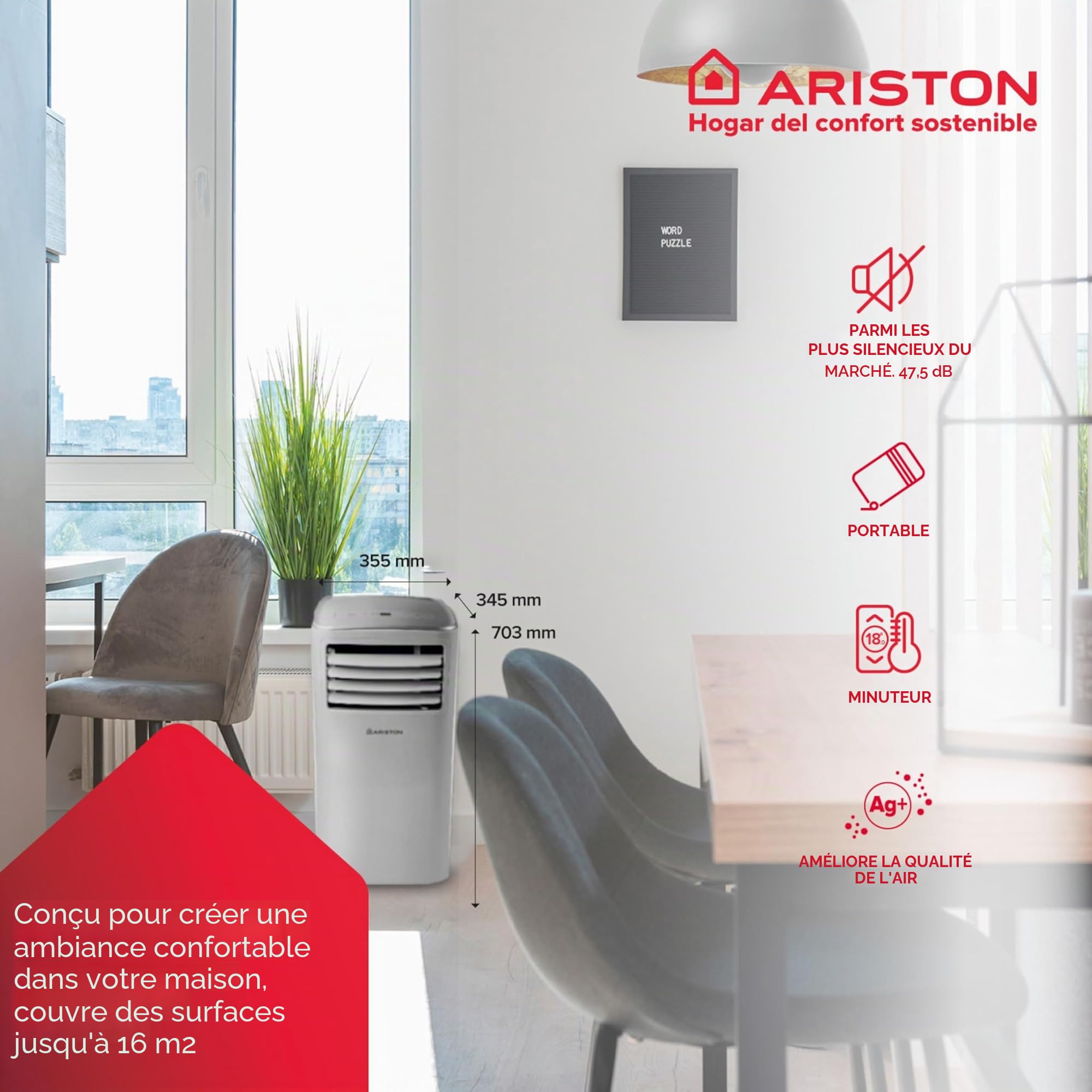 Ariston Mobis 8, Climatiseur Mobile Compact 3 en 1, 8.000 Btu/h, Air Pur, Silencieux