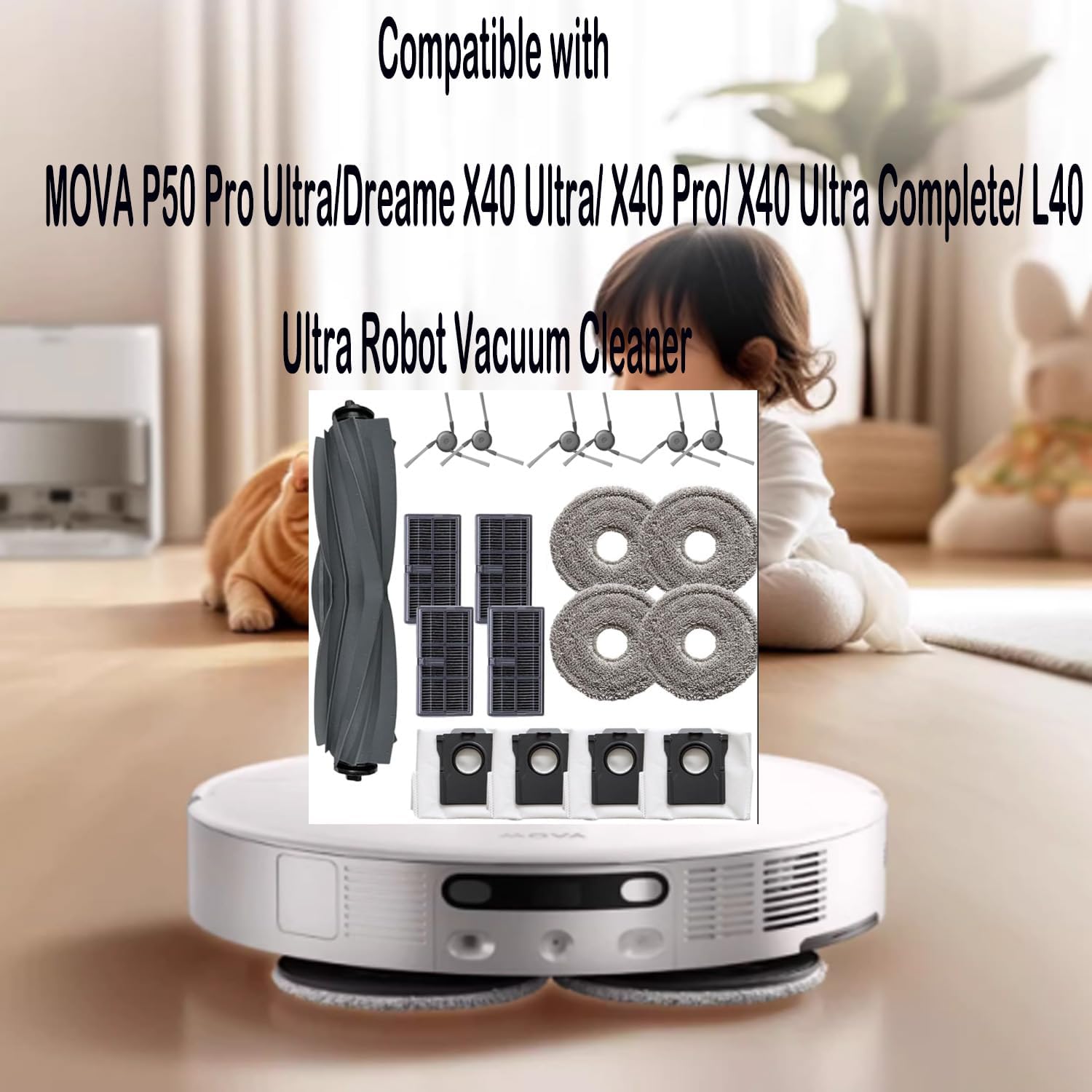Accessories Kit Compatible with MOVA P50 Pro Ultra/Dreame X40 Ultra/X40 Pro/X40 Ultra Complete/L40 Ultra Robot Vacuum Cleaner, Include 1 Main Brush,4 Mop Cloth,4 Hepa Filters,6 Side Brush, 4 Dust Bag