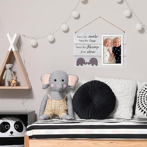 Miniatura 7 de Marco de fotos de madera para bebés gemelos con bonitos patrones de elefante, regalos únicos de baby shower para gemelos mamá, marco de fotos de