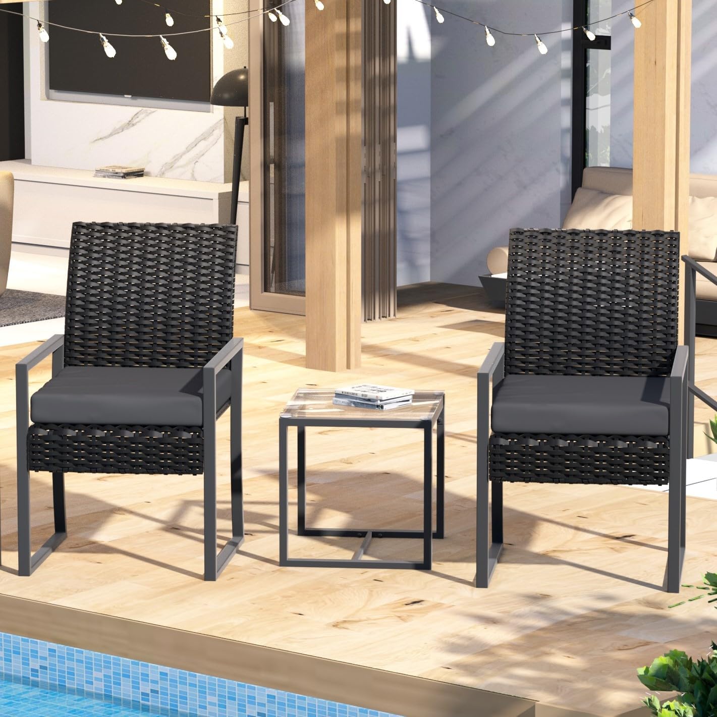 3-Piece Outdoor Patio Furniture Set, 2 PE Rattan Wicker Chairs with Beige Cushions & Glass Side Table, All-Weather Conversation Bistro Set for Backyard, Balcony, Deck (Gray-Black)