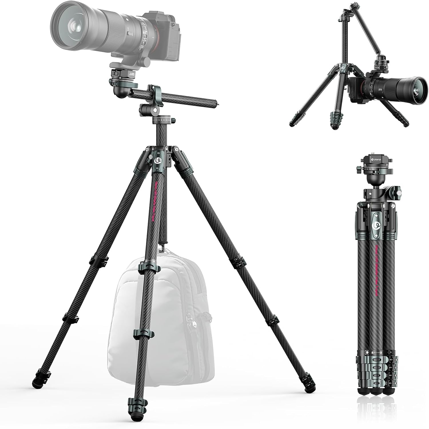 ULANZI JJ05 72.4″ Carbon Fiber Tripod, Overhead Camera Tripod w Central Column and UKA Quick Release Plate for Cameras/DSLR/Projector/Camcorder, Horizontal Stand, Weight 3.43lbs, Maxload 39.7 lbs