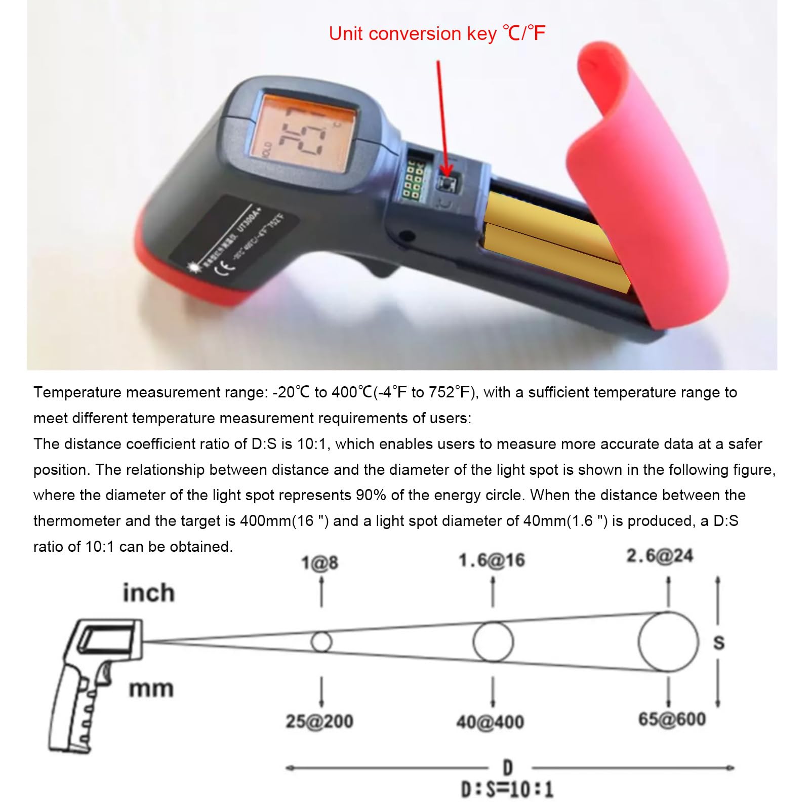 Herramienta digital de medición de temperatura de 20 a 400 ℃, termómetros de mano para lector de temperatura industrial con apagado automático retroiluminado